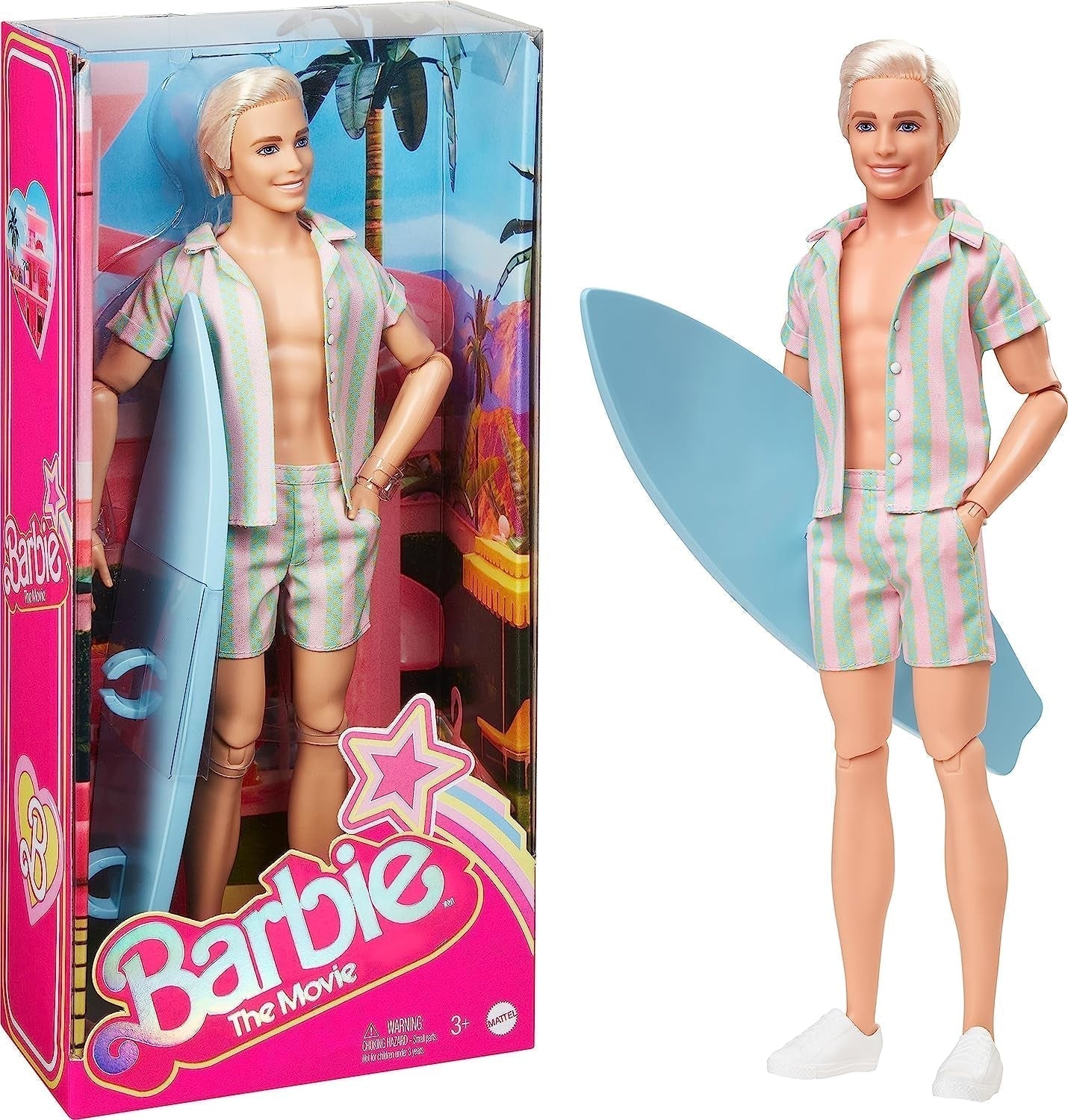 Barbie de film - Fans van poppenfilms, Ken-pop, verzamelpop met surfplank en sneakers, beweegbaar lichaam, platinablond haar, geschikt als cadeau voor kinderen van 3 jaar oud, HPJ97 Naty Shop-poppen Standaardtitel