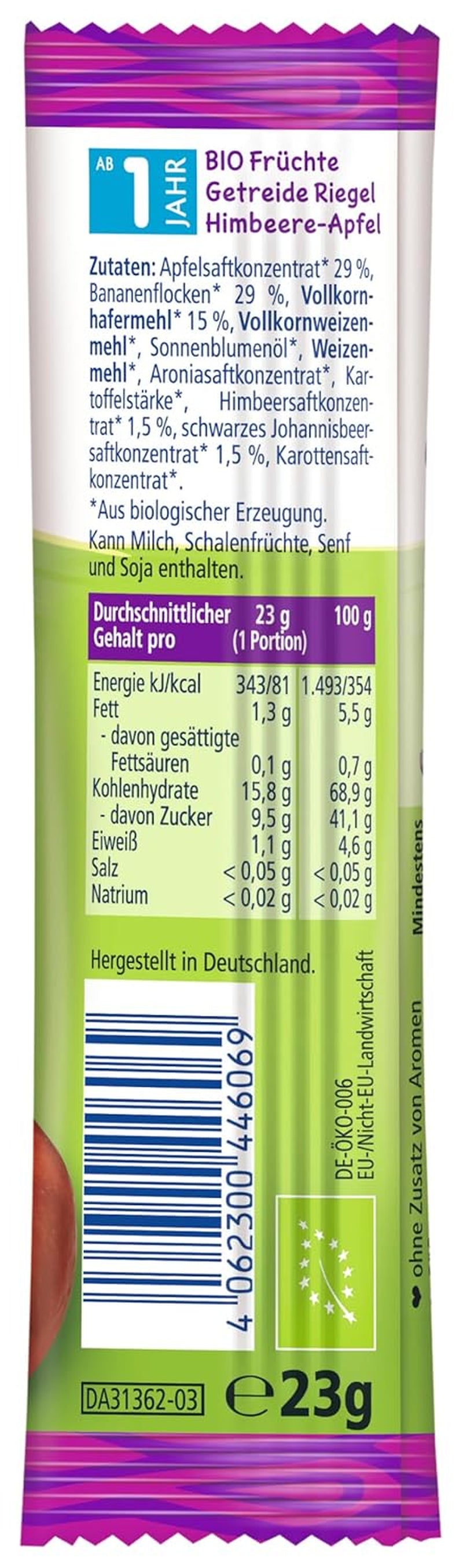 HiPP Zebrarepen met frambozen- en banaan-appelsmaak (22 x 23 g), vanaf 1 jaar, alleen gezoet met fruit, van de beste biologische kwaliteit