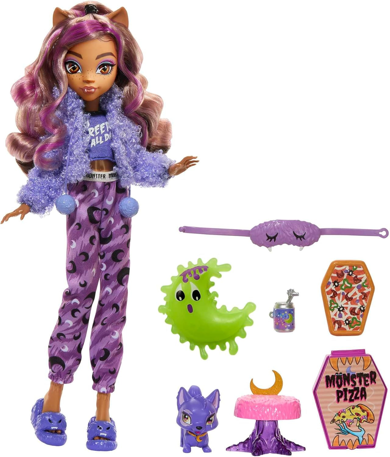 MONSTER HIGH pop en logeerpartij accessoires, Clawdeen Wolf pop met huisdier kat, halve maan, Creepover Party, HKY67