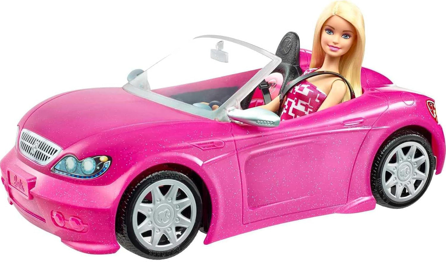 Barbie-pop en roze glitter-cabriolet, realistische banden, logo, speelgoed voor kinderen vanaf 3 jaar, DJR55