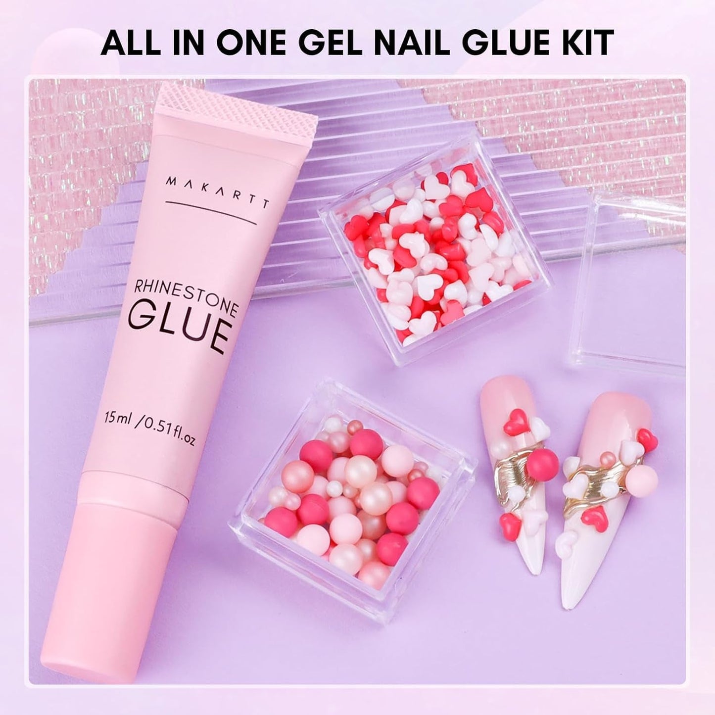 Makartt Strass zelfklevende gel - 15 ml UV-nagellijmset met roze nagelbedels Hartcirkel Nagelsieraden en nageldesignaccessoires voor thuismanicure Valentijnsdagcadeau