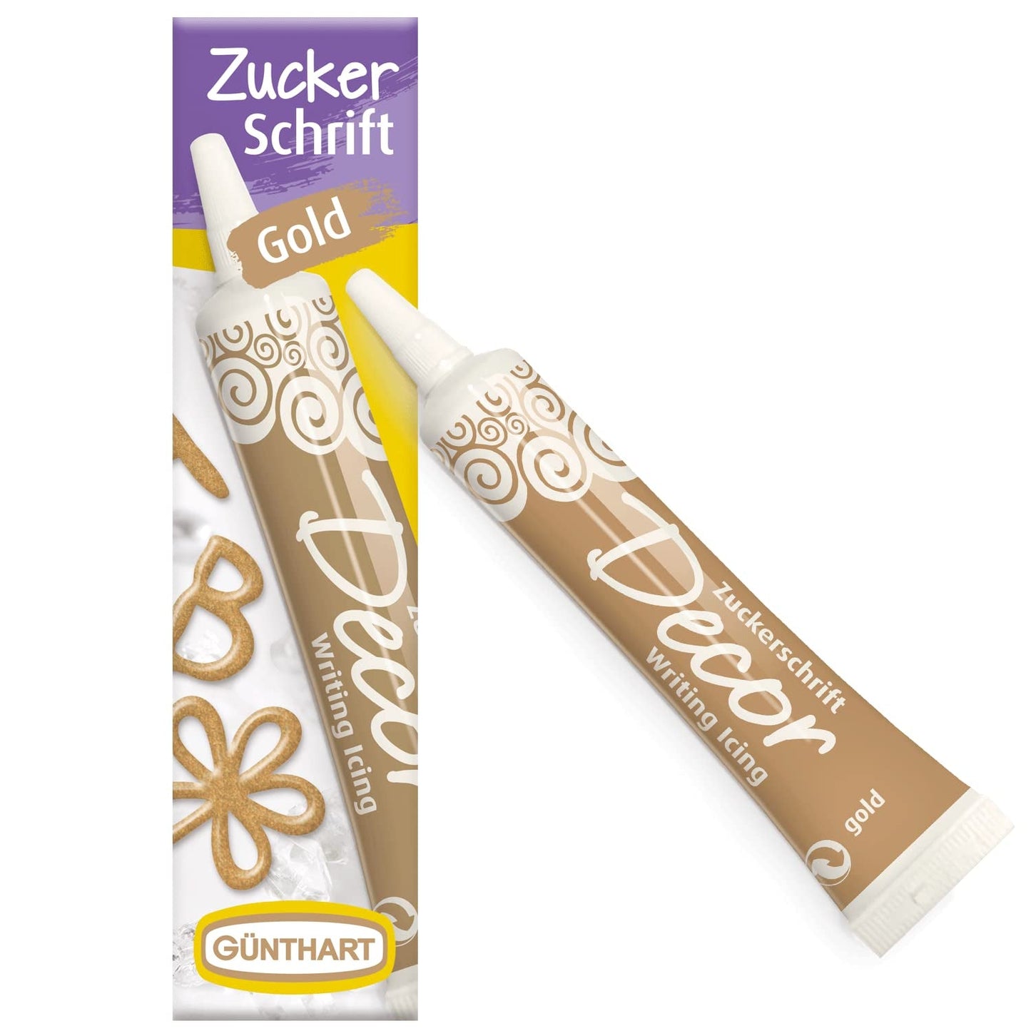 Günthart Backdecor 25 g Suiker met letters GOUD Voor alle desserts in gouden kleur Van suiker voor mooie letters en designs, 1 pakje (25 g)
