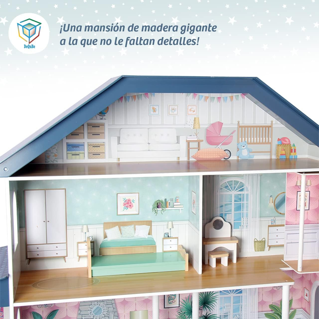 Deqube 913D00016 Houten poppenhuis, 4 verdiepingen, Premium