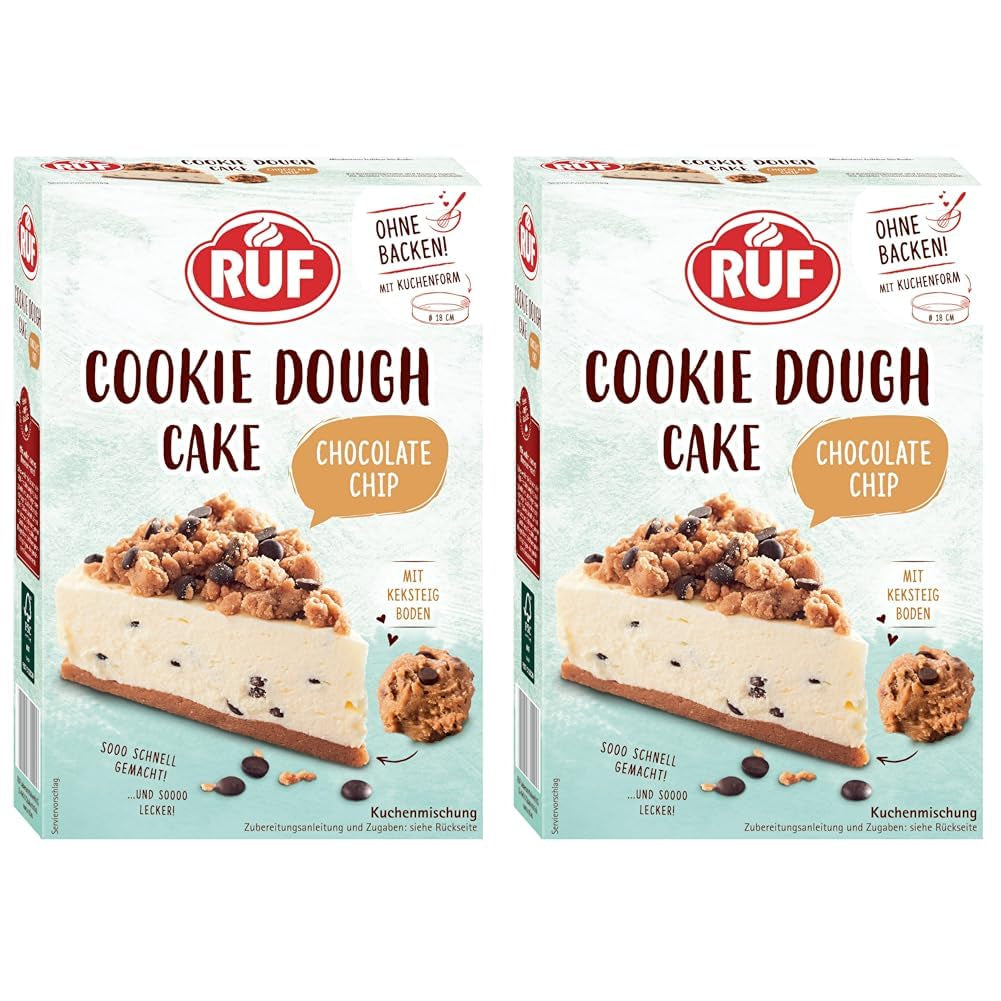 RUF Cookie Dough Cake Ohne Backen, Tortenboden Aus Keksteig Mit Frischkäse-Creme en Schokoladenstückchen, Inkl. Kuchenform, 1X325G Mengsel voor bakken en koken Naty Shop 325 G (2Er-pakket) Koekjesdeegcake