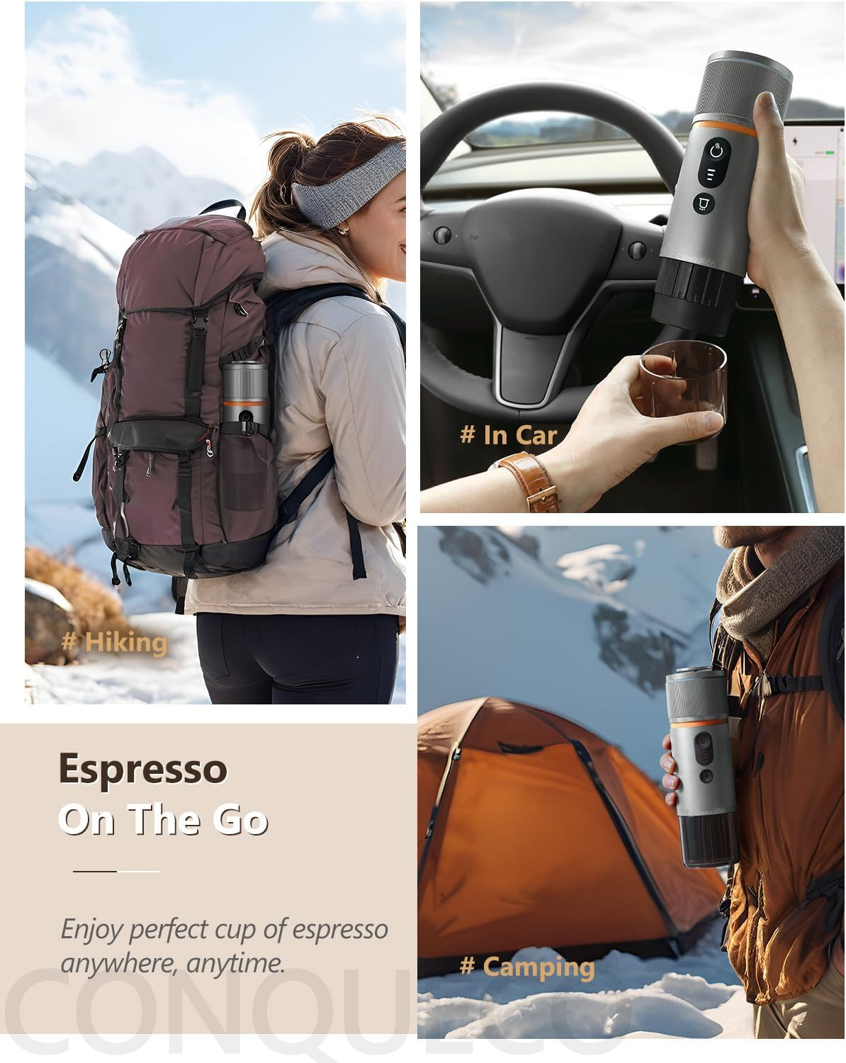CONQUECO 12V auto-espressomachine: draagbare espressomachine met batterij voor kamperen en reizen - Snelle verwarming in 2,5 minuten - 8 espressokopjes in één keer opladen