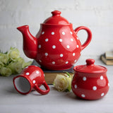 City to Cottage® - Groot theeservies | Rood en Wit | Punten | Handgemaakt | Keramieken theepot 1,7 liter, melkkannetje, suikerpot