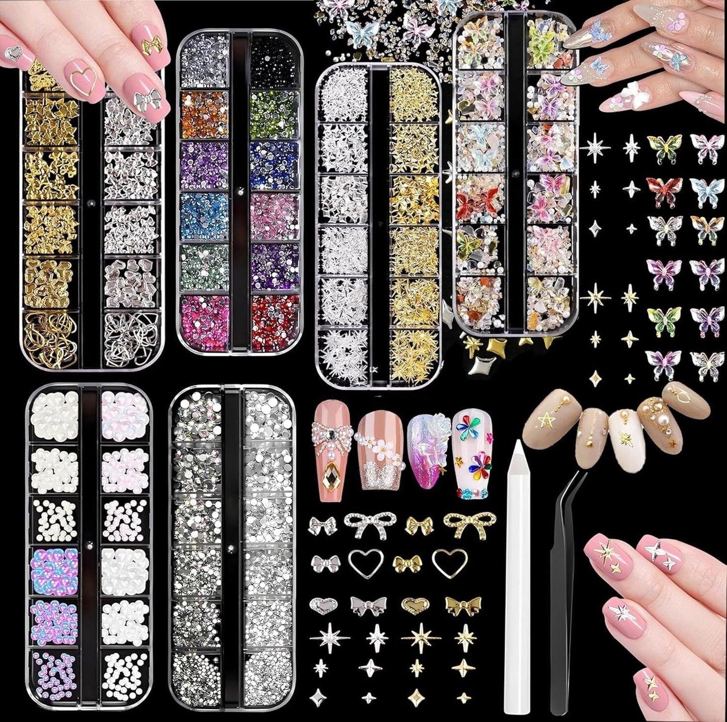 Nail Charms,6 Boxen Gold Silber Nagel Charms 3D Gold Bogen Stern Nail Art Decoratie+6200 Strasssteine ​​Bunt Steine ​​AB Perlen Diamanten,3D Legierung Bow Nail Gems Nagel Deko Für Frauen Nagel (6-A)