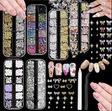 Nail Charms,6 Boxen Gold Silber Nagel Charms 3D Gold Bogen Stern Nail Art Decoratie+6200 Strasssteine ​​Bunt Steine ​​AB Perlen Diamanten,3D Legierung Bow Nail Gems Nagel Deko Für Frauen Nagel (6-A)