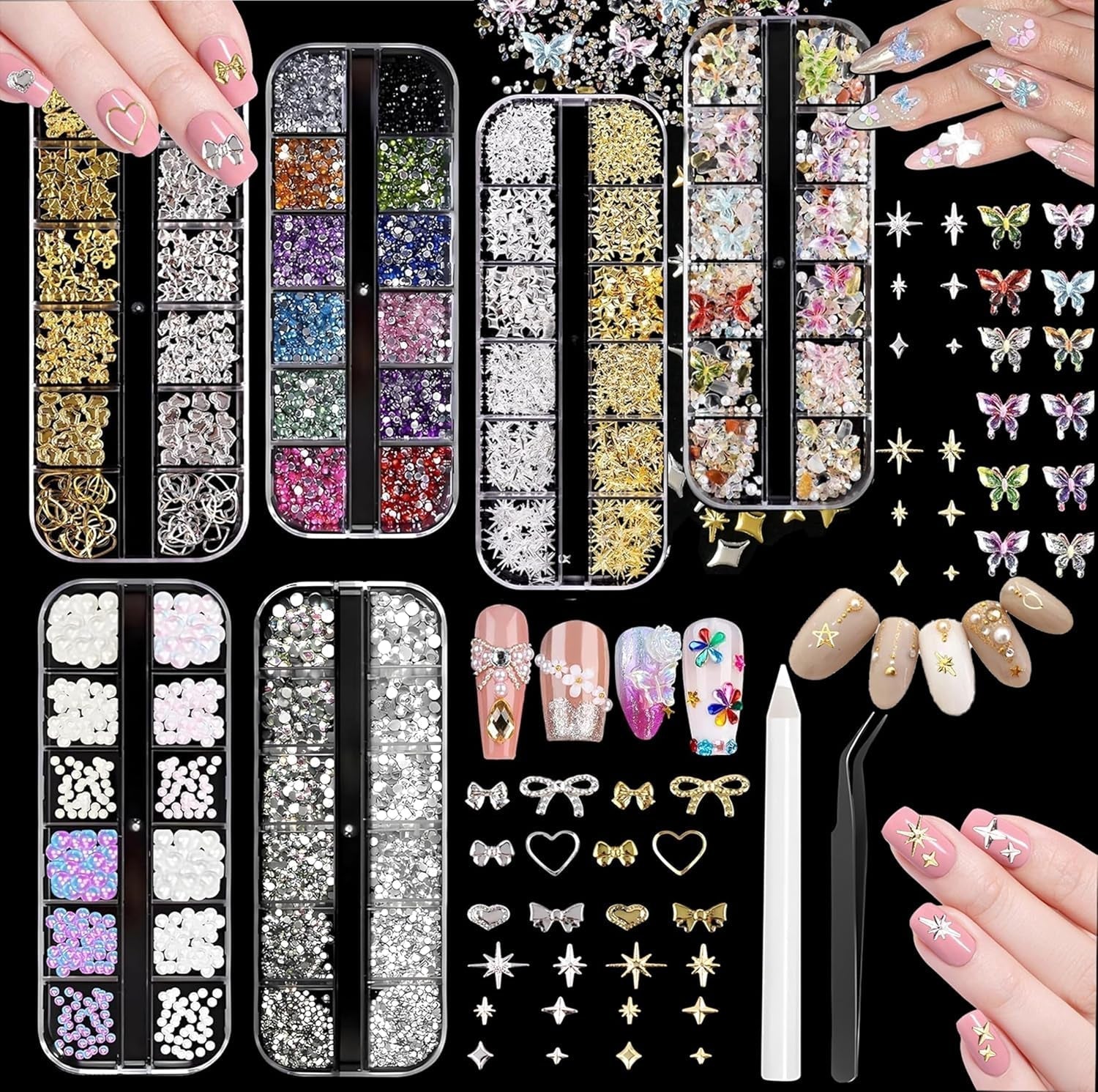 Nail Charms,6 Boxen Gold Silber Nagel Charms 3D Gold Bogen Stern Nail Art Decoratie+6200 Strasssteine ​​Bunt Steine ​​AB Perlen Diamanten,3D Legierung Bow Nail Gems Nagel Deko Für Frauen Nagel (6-A)