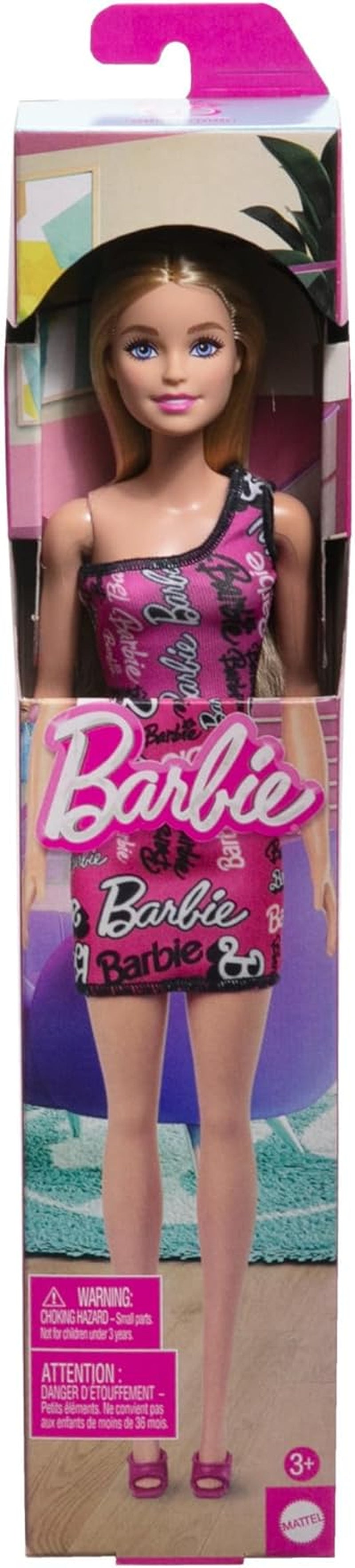 Modieuze Barbie-pop met steil blond haar in een roze afneembare jurk met één schouder en schoenen met gedrukt logo, HRH07
