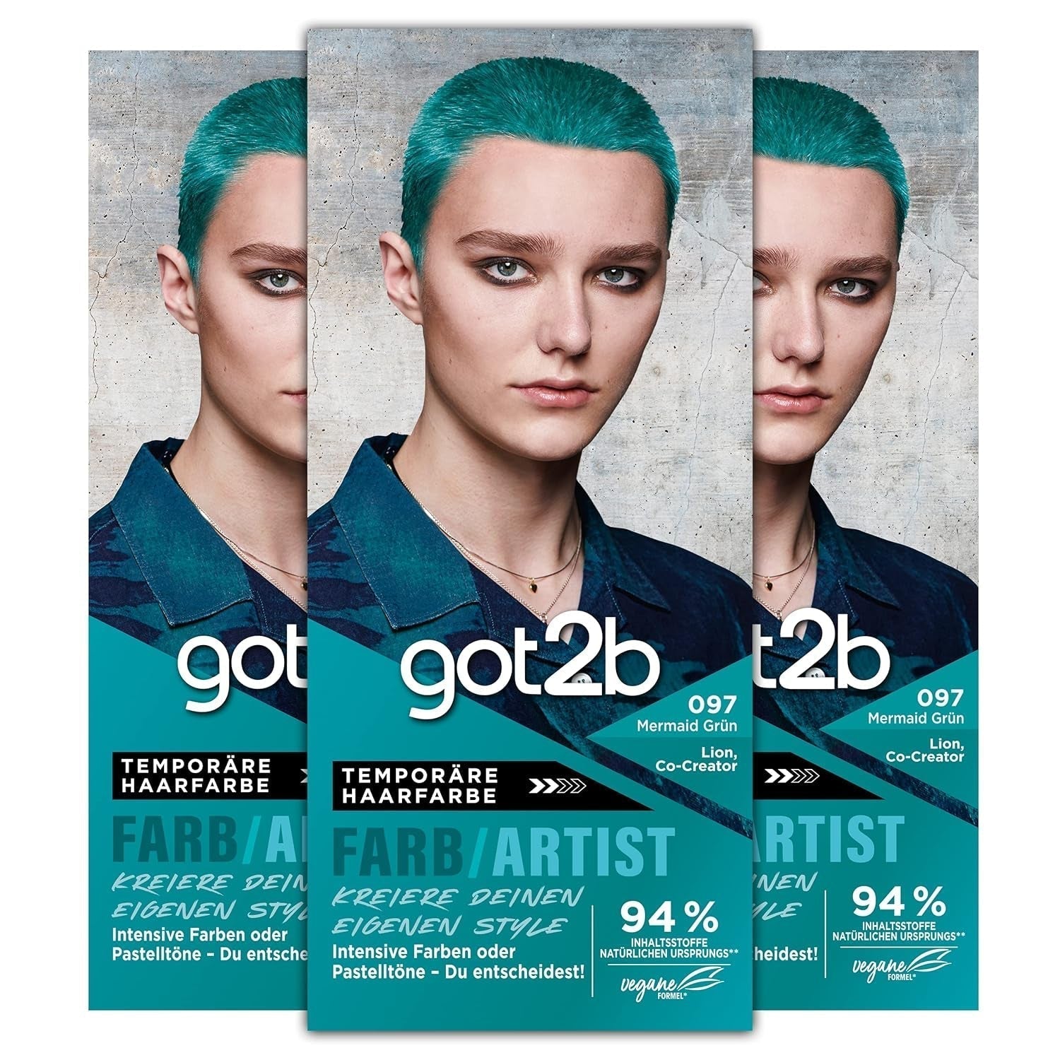 got2b Colour/Artist 097 Mermaid Green Level 2 (3x 80 ml), tijdelijke haarverf laat het haar stralen in intense kleuren of pasteltinten, haarverf blijft 12-15 wasbeurten zitten, vegan formule Haarverf Naty Shop 097 Mermaid Green