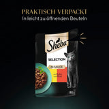 Natvoer voor katten Sheba Selection in geportioneerde zakjes met kip en rundvlees in saus 28x85g