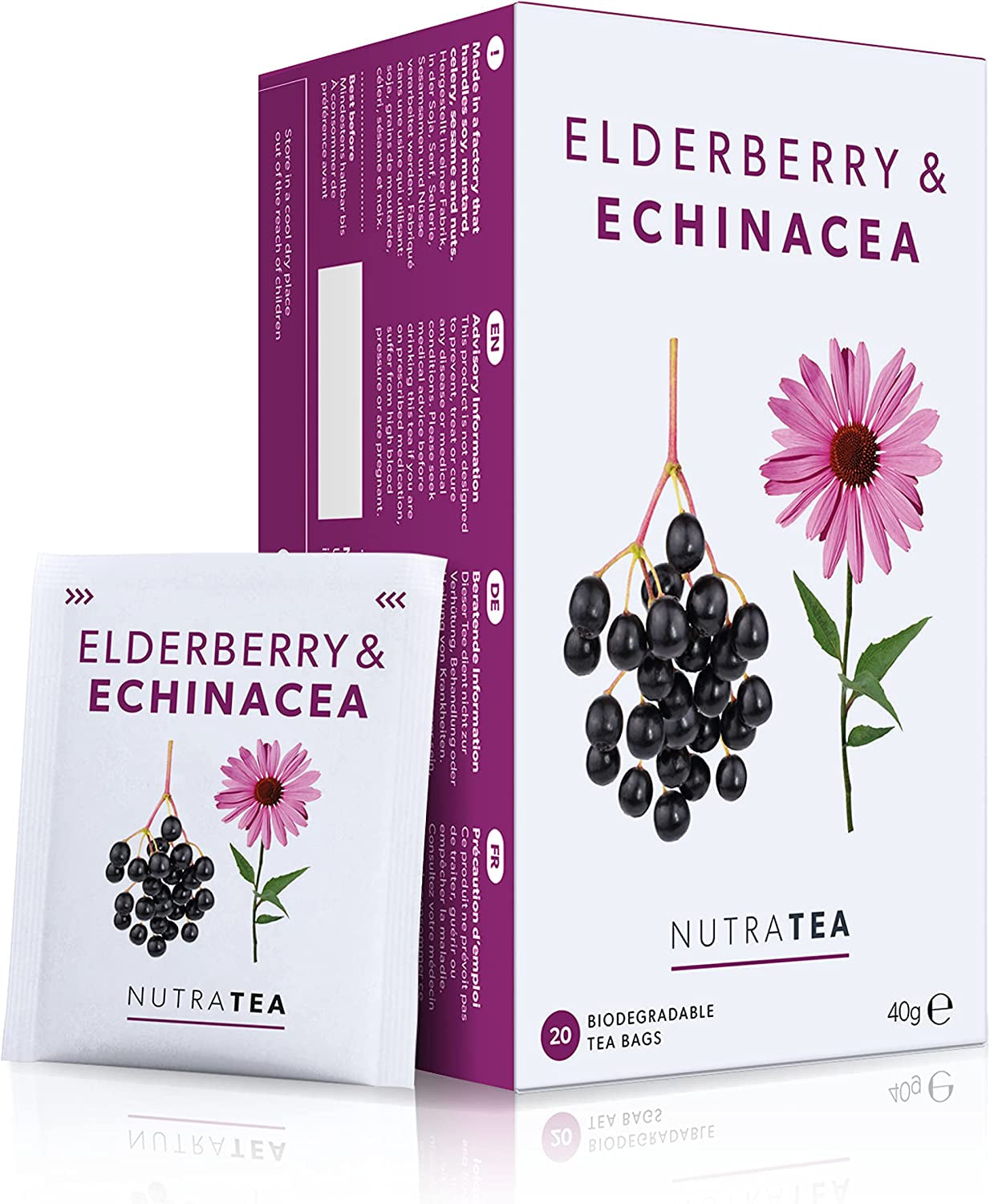Nutra Tea Vlierbessen & Echinacea, Immuniteit & Verkoudheid Thee, Immuun Ondersteunende Thee, Koude Strijd, 20 Herbruikbare Theezakjes, Natuurlijke Kruidenthee