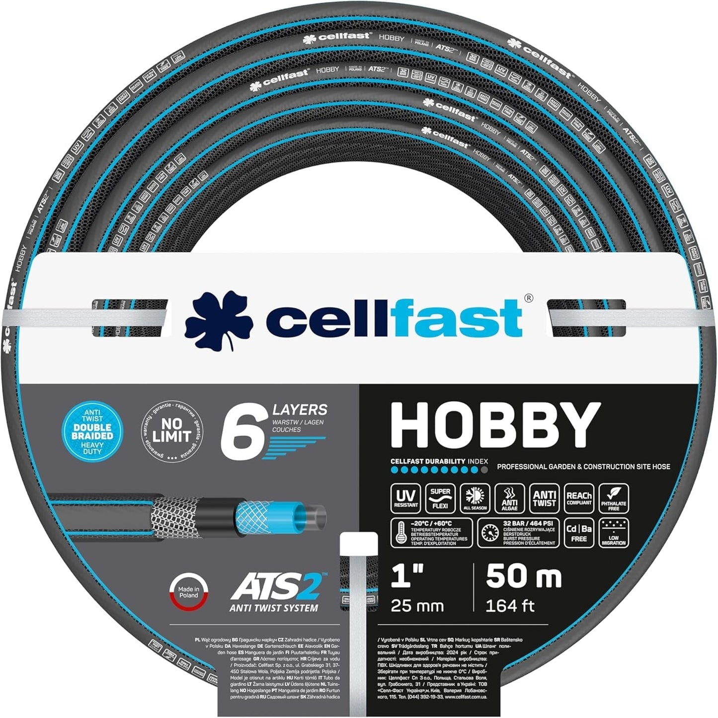 CELLFAST tuinslang 6-laags waterslang dubbel gevlochten stof irrigatieslang UV-bestendig anti-algen flexibele slang 32 bar 1 inch 25 meter hobby