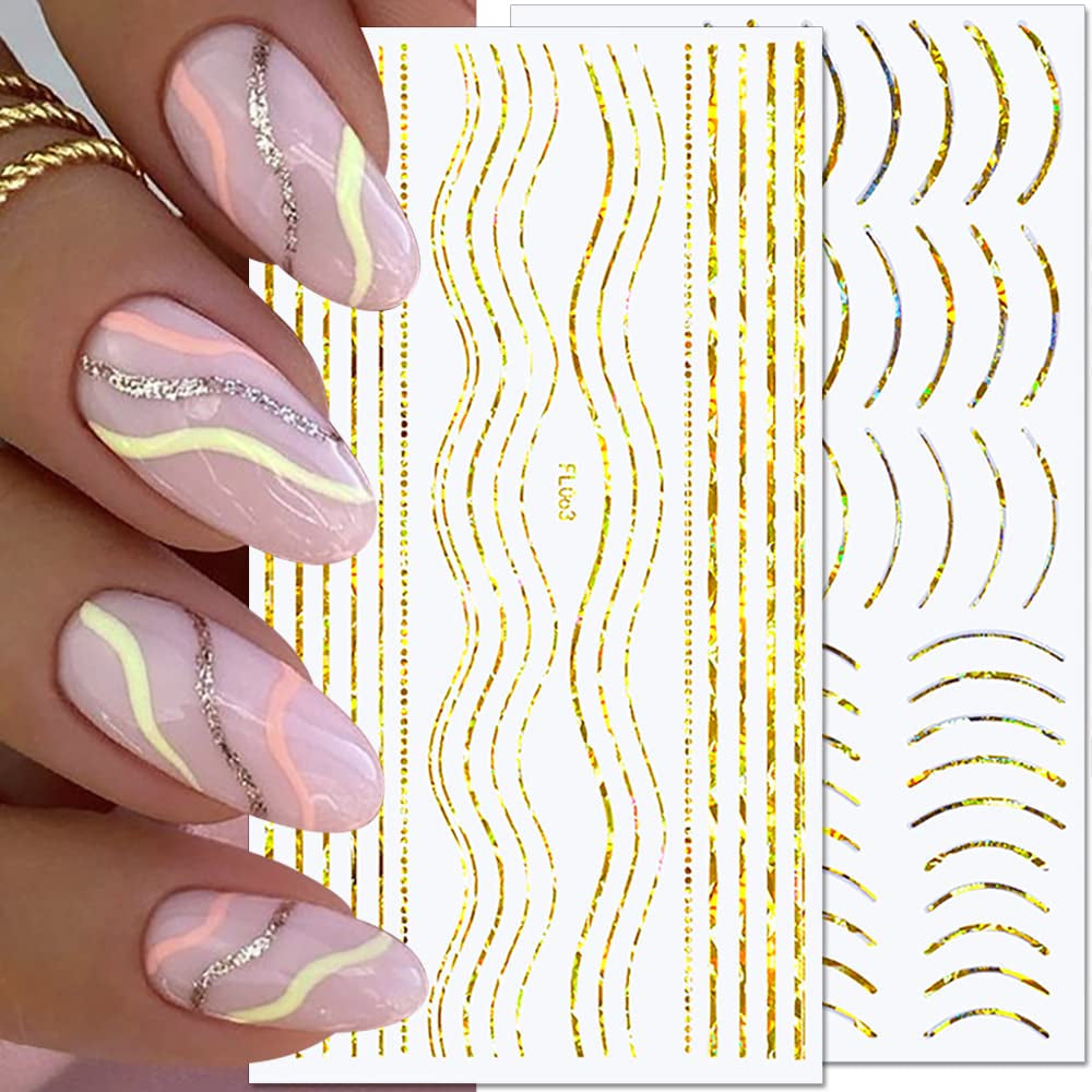 12 vellen Laserglitterlijnen Zelfklevende nagelstickers Holografische stickers Bronzen strepen Nagelstickers Franse lijn Gebogen strikken Golvende lijnen Nagelstickers Nagelkunstaccessoires