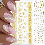 12 vellen Laserglitterlijnen Zelfklevende nagelstickers Holografische stickers Bronzen strepen Nagelstickers Franse lijn Gebogen strikken Golvende lijnen Nagelstickers Nagelkunstaccessoires