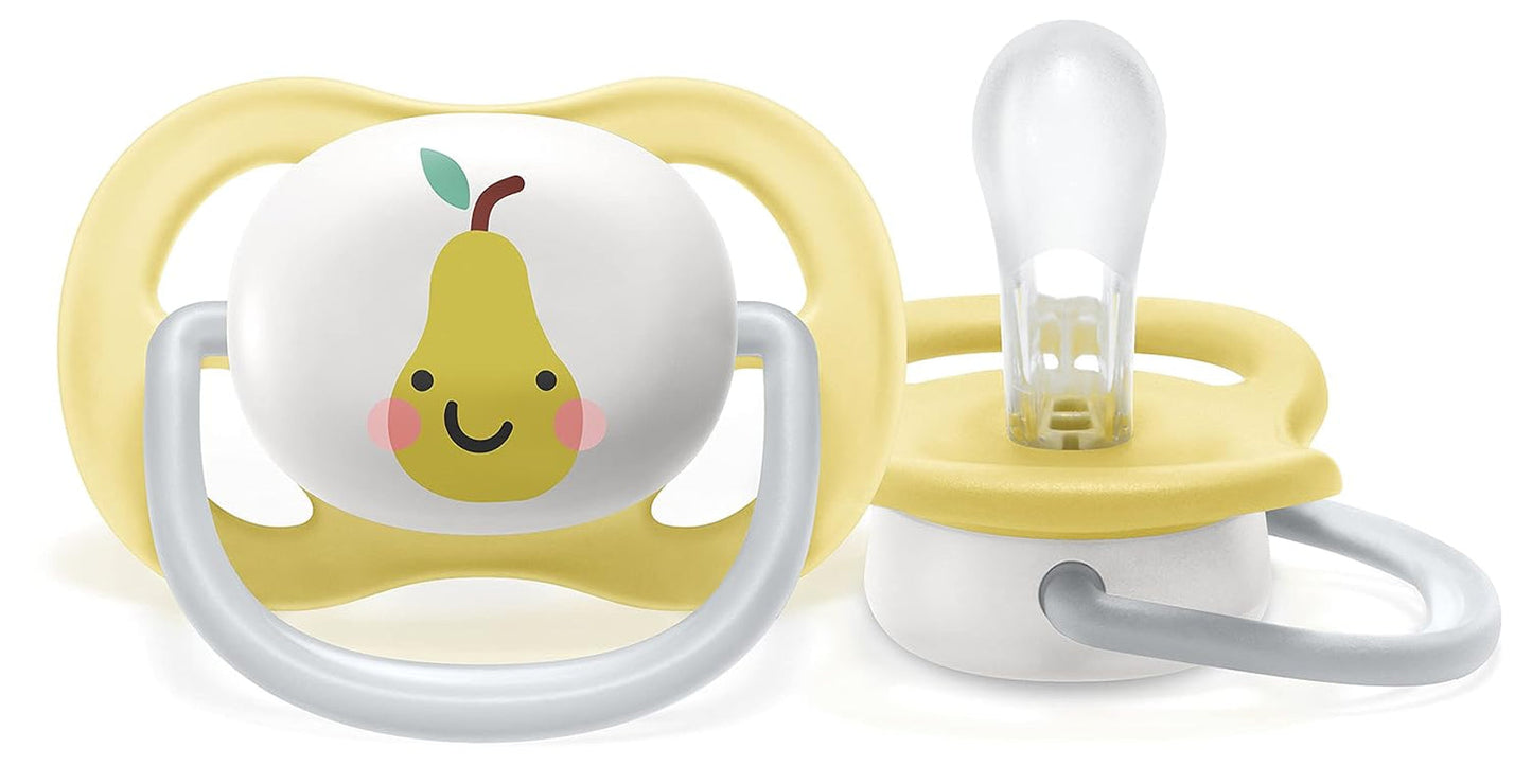 Philips AVENT ultra air-fopspeen - 2-pack, BPA-vrij, ademend, voor baby's 0-6 maanden, inclusief draagtas en sterilisatie, appel/peer (model SCF080/17)