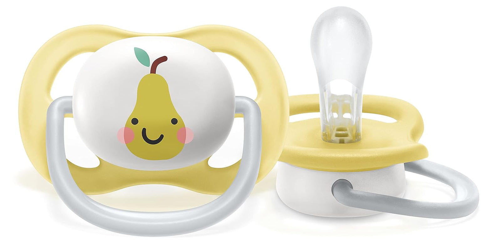 Philips AVENT ultra air-fopspeen - 2-pack, BPA-vrij, ademend, voor baby's 0-6 maanden, inclusief draagtas en sterilisatie, appel/peer (model SCF080/17)