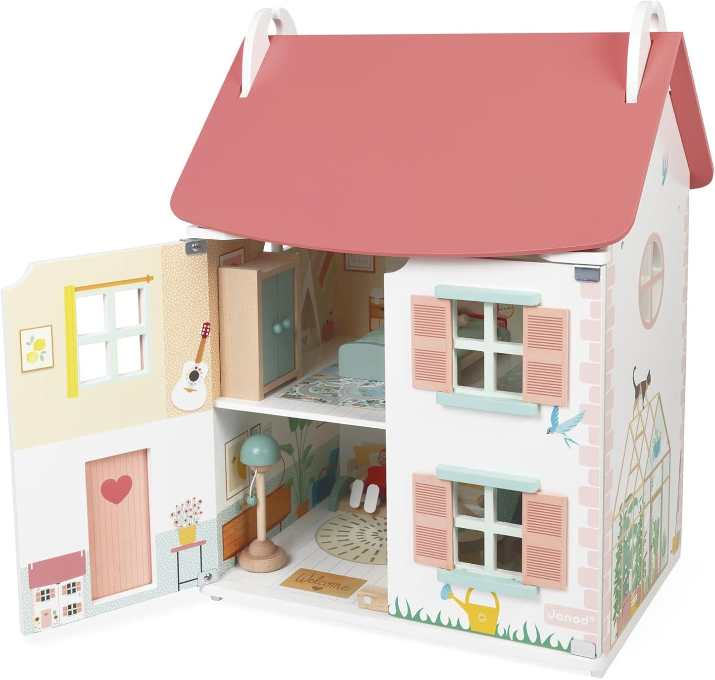 Janod - Mijn eerste houten poppenhuis - 10 accessoires - Poppenmeubels - Magnetische deuren en afneembaar dak - FSC-gecertificeerd houten speelgoed - Vanaf 3 jaar