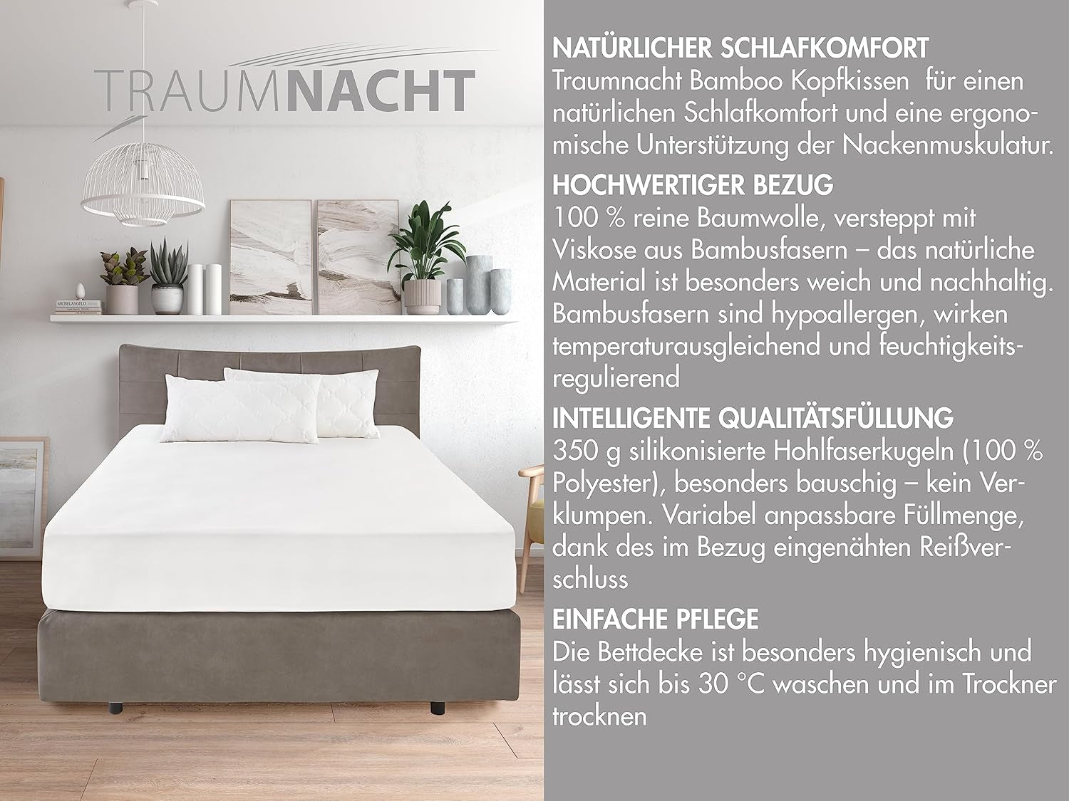 Traumnacht Bamboekussen met bamboevezels, hypoallergeen, antibacterieel Kussenset met ritssluiting, bestaande uit 2 kussens 40X80Cm, Oeko-Tex gecertificeerd, ontwikkeld in Duitsland Naty Shop standaard kussens