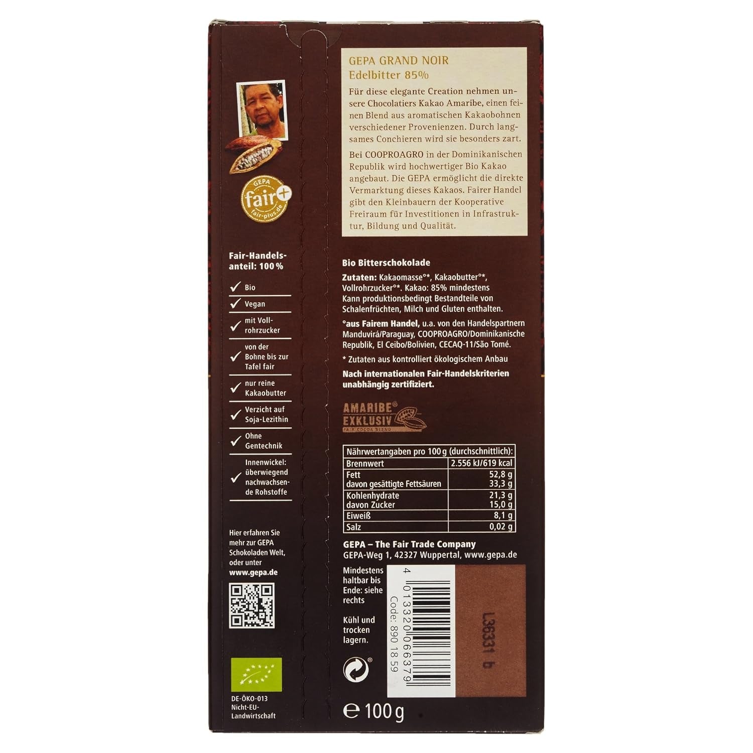Bittere Grand Noir biologisch, 85%, 100g