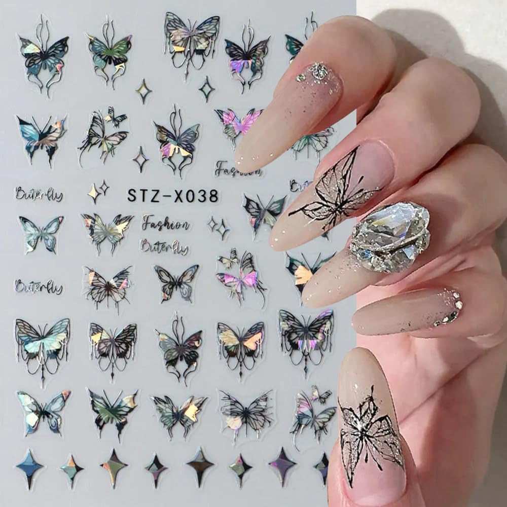 3D Metallic Schwarz Schmetterling Nagelsticker - Laser Roze Aurora Nagelaufkleber - Punk Butterfly Nail Art Stickers - Zilveren Nagelsticker - Nageldesign Zubehör