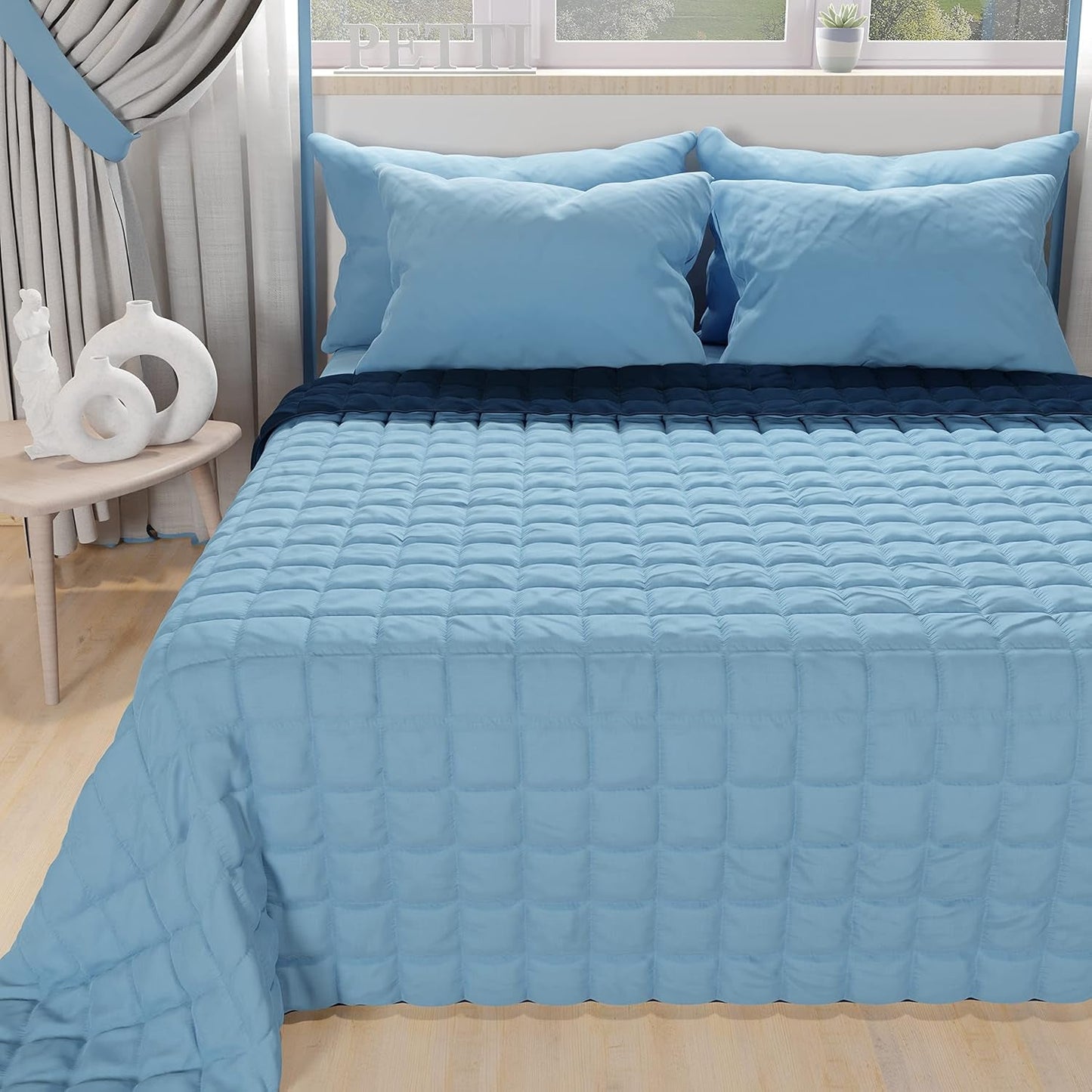 PETTI Artigiani Italiani - Eenpersoonsbedovertrek, dubbelzijdige sprei, verensprei, nachtblauw, wit, 100% Made in Italy