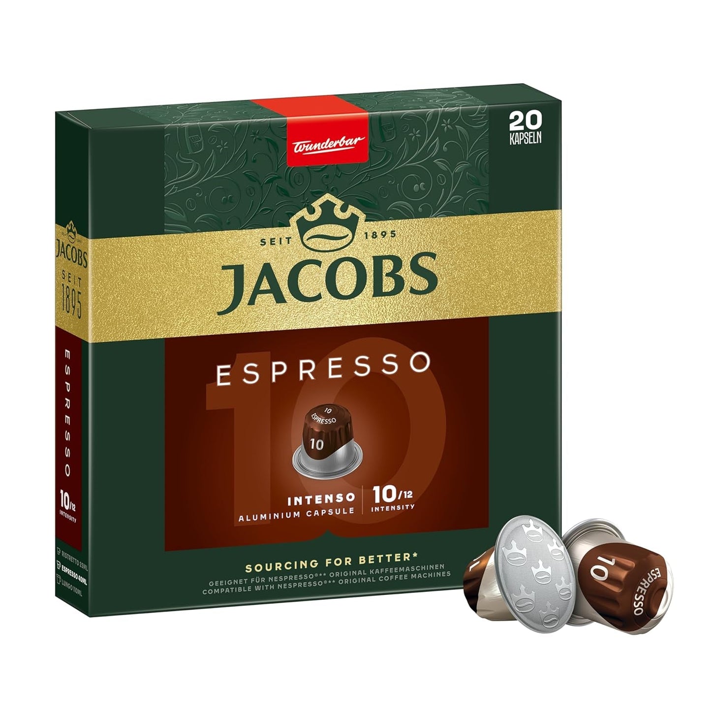 Jacobs Kaffeekapseln Espresso Intenso, Intensität 10/12, 10 x 20 Getränke, Nespresso* compatibel Kaffee Kapseln, 200 Kapseln
