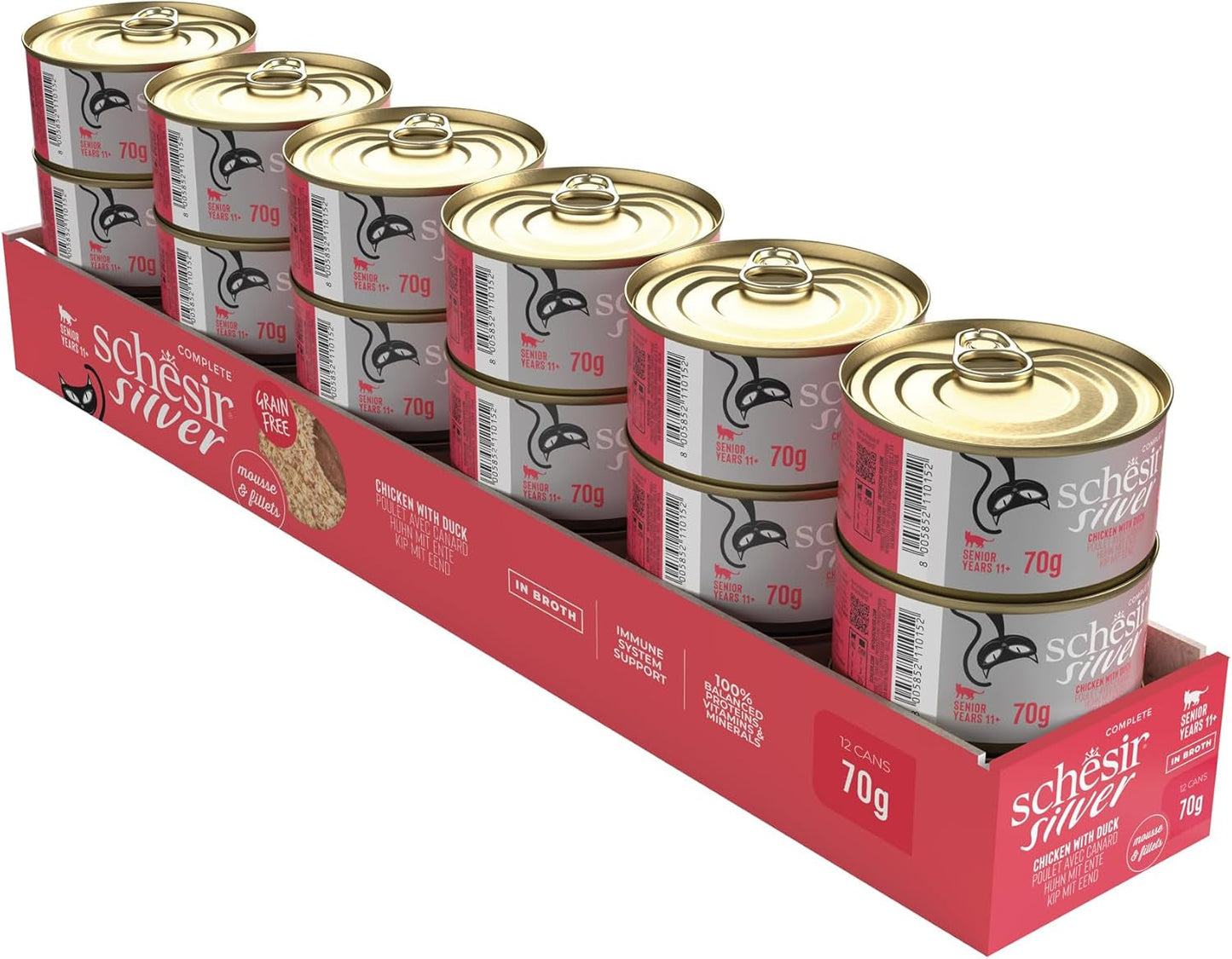 Zilveren Kip met Eendenmousse en Filets, Compleet Natvoer voor Senior Katten, Graanvrij, Immuunondersteuning, Vochtbron, 12 x 70 g