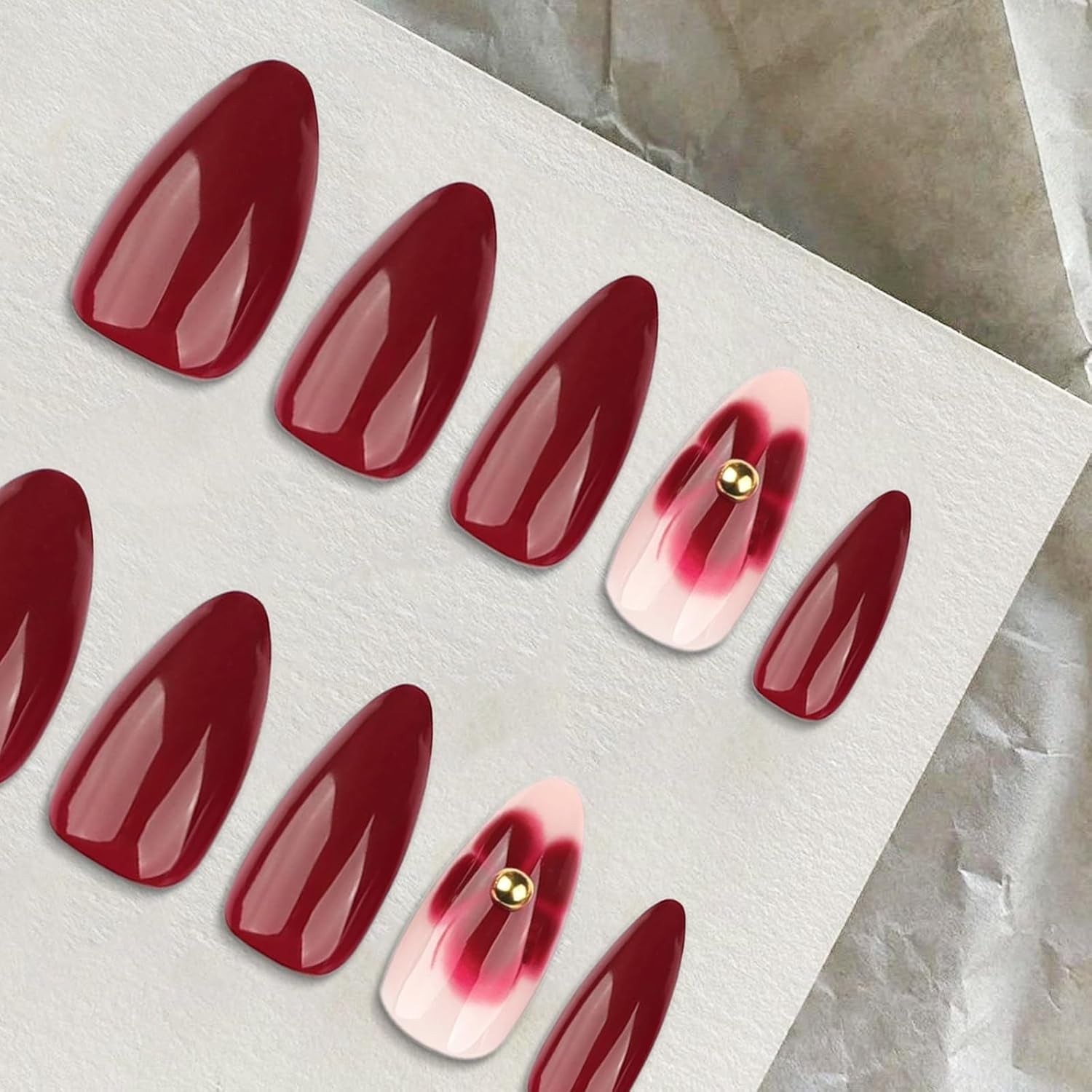 24 bordeauxrode bloemen met diamantpantser, pers op nagels, lijm op kunstnagels, set nageltips