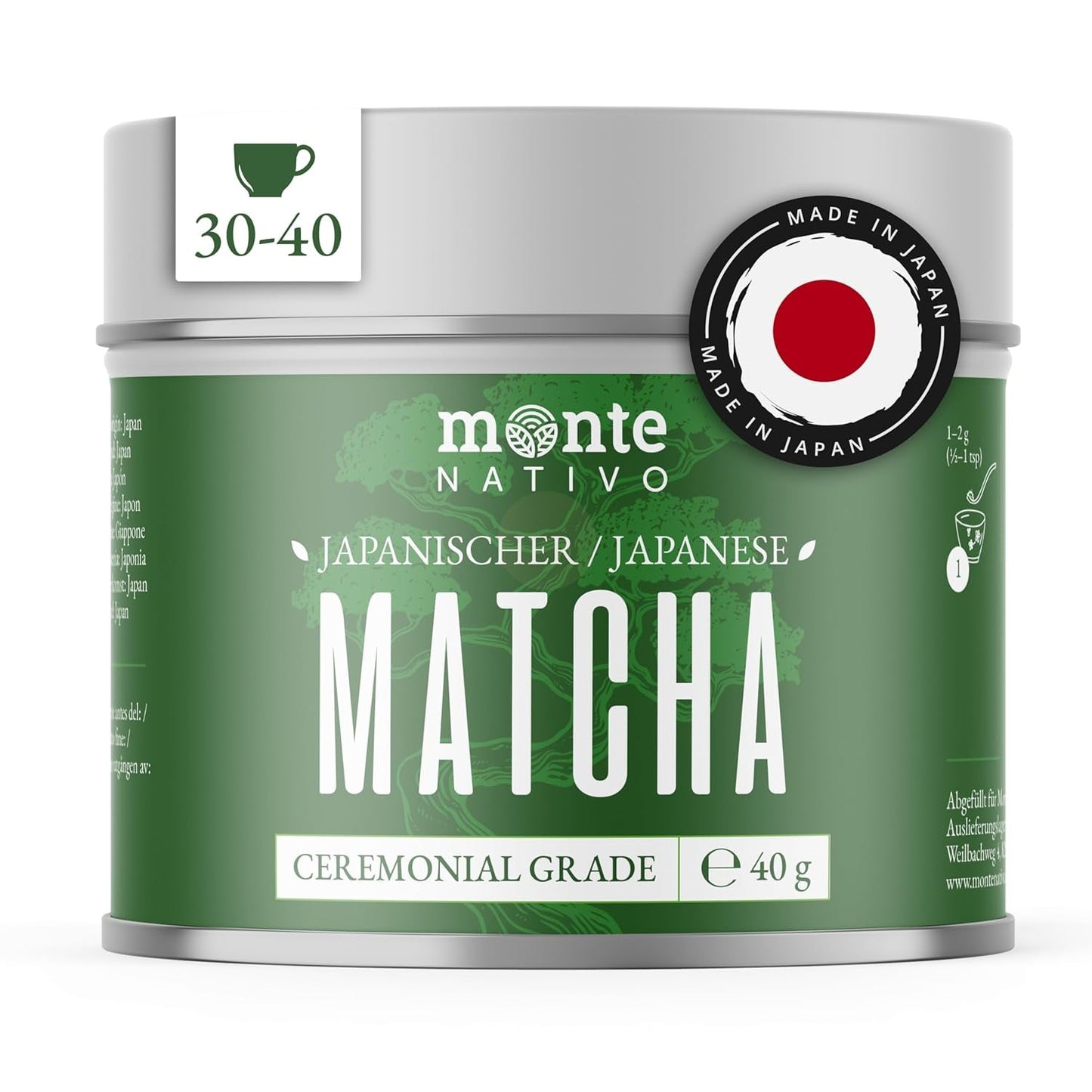 Monte Nativo Ceremonial Matcha Poeder (40g) - perfect voor matcha thee, lattes en smoothies - groene thee uit Japan - ceremoniële kwaliteit, in metalen doos - 100% puur, glutenvrij, fijngemalen