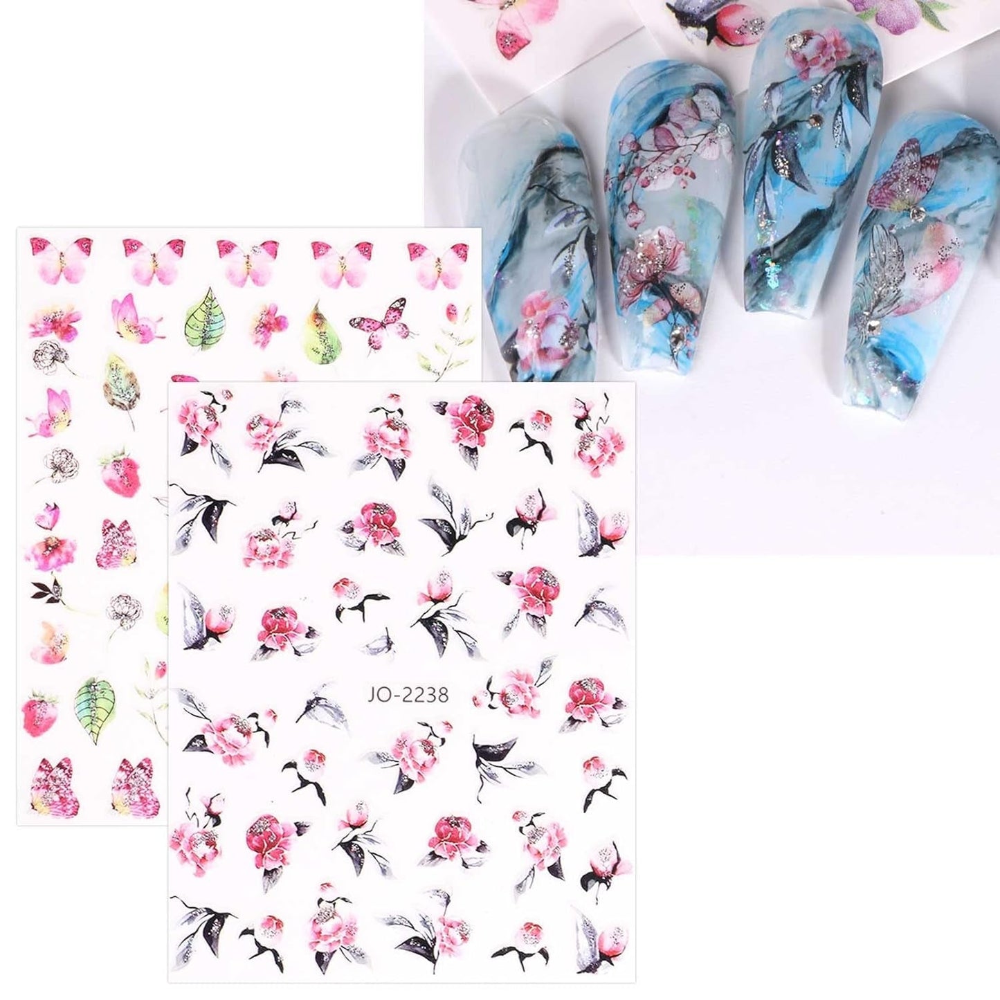 JMEOWIO Nagelsticker Frühling Blume 12 Blatt Nail Art Sticker Selbstklebend Nagelaufkleber Blätter Decoratie Nageldesign Zubehör