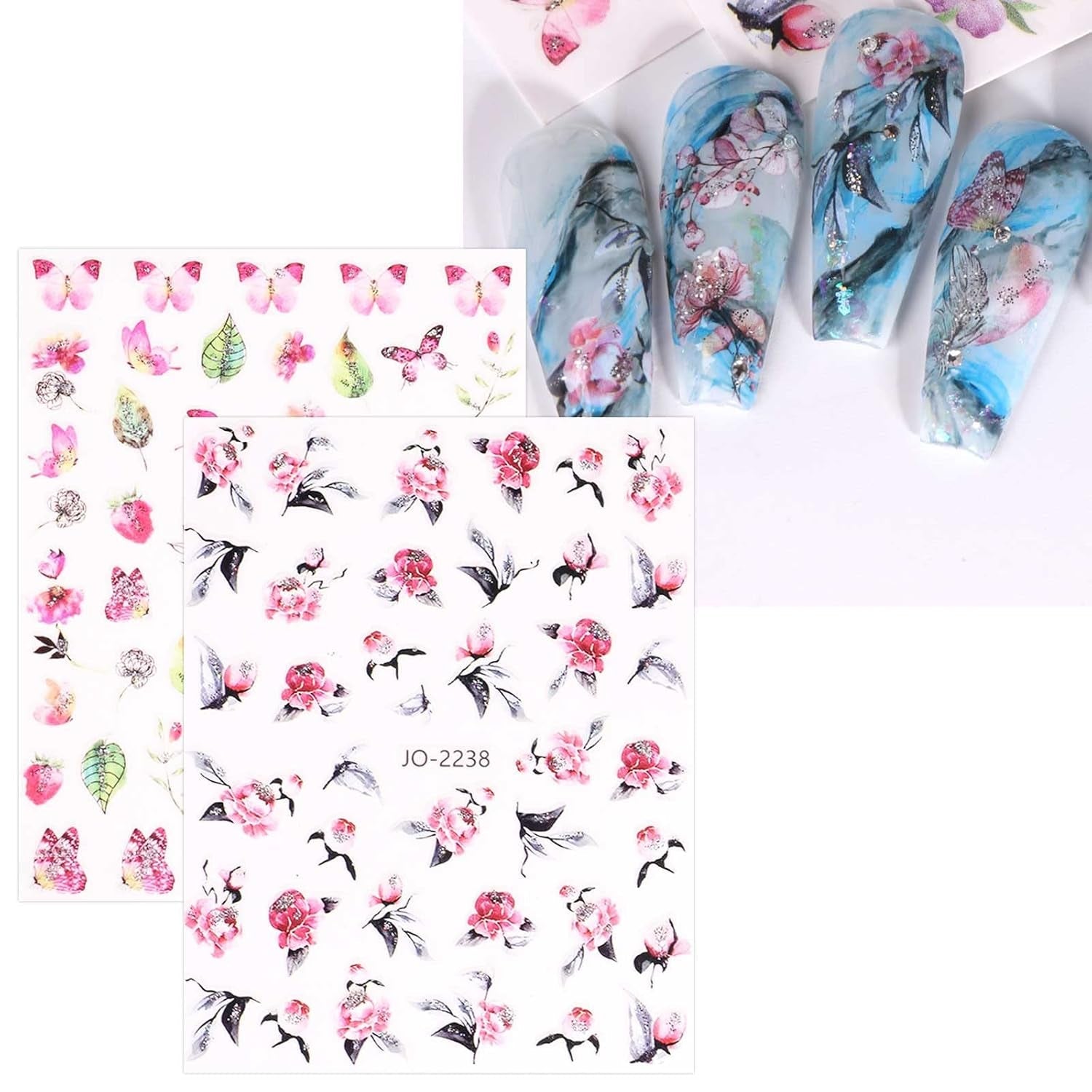 JMEOWIO Nagelsticker Frühling Blume 12 Blatt Nail Art Sticker Selbstklebend Nagelaufkleber Blätter Decoratie Nageldesign Zubehör