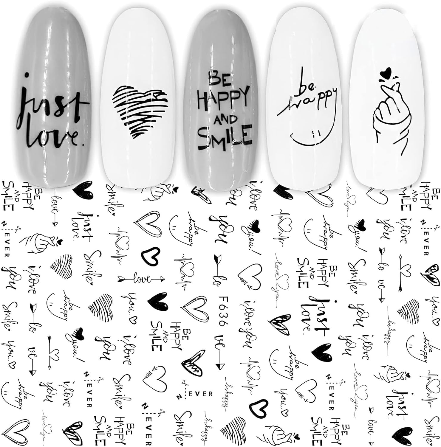 7 Blätter Nagelsticker Selbstklebend Nagelsticker Blumen Abstrakt 3D Schwarz Nagelaufkleber Nageldesign Herzform Wörter Pflanzen Nagelsticker DIY Nail Art Zubehör Maniküre Decoratie