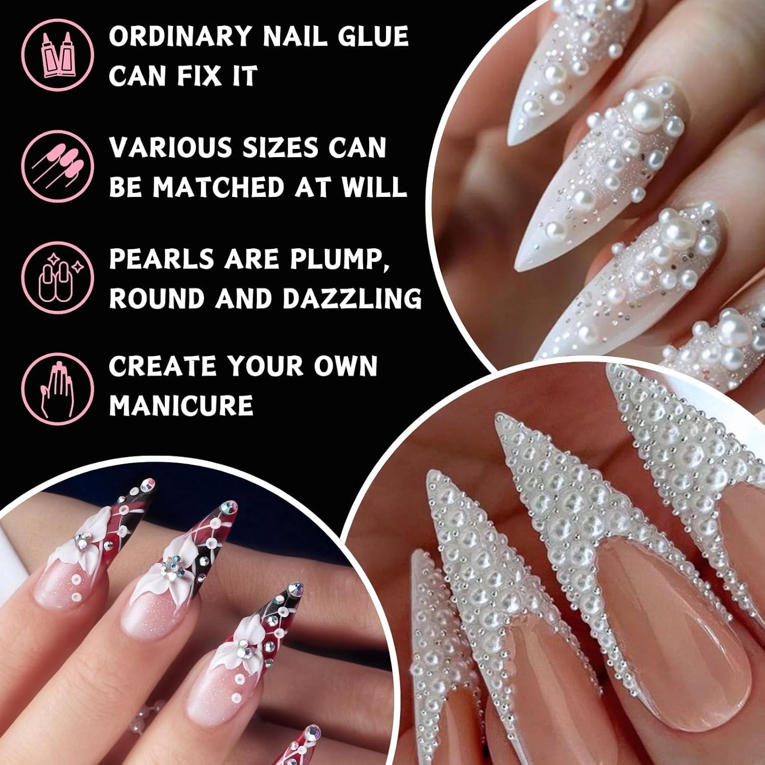 12 Größen Nail Art Perlen, Flache Perlen, Nail Art Accessoires, Halbkreis Nagelperlen, Weiße Nail Charms en Glitzersteine ​​​​Nägel voor Nail Art Design, DIY Basteln, Alltag, Hochzeit (2 dozen)