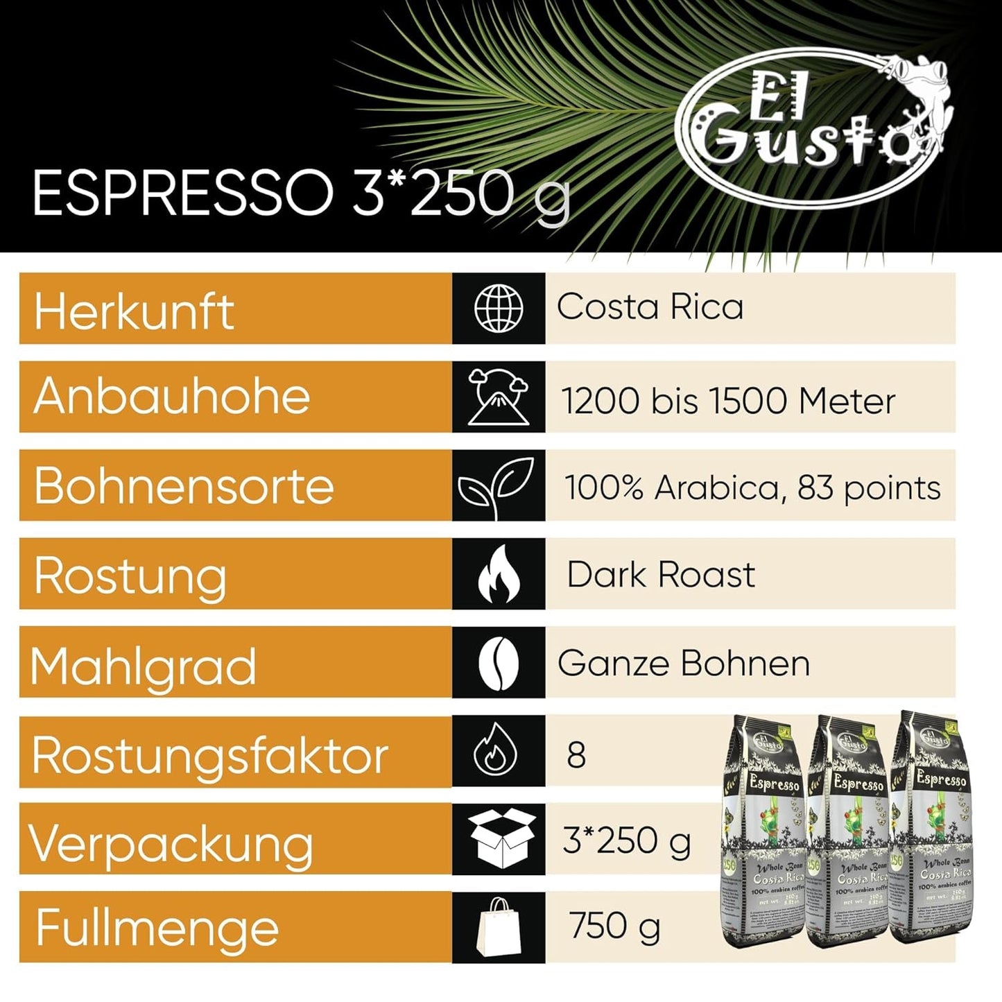 El Gusto Espresso Kaffee uit ganzen Bohnen uit Costa Rica, dunkel geröstet, creatieve Mischung, 100% Arabica, frischer Gourmet-Kaffee 3er Pack
