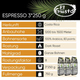 El Gusto Espresso Kaffee uit ganzen Bohnen uit Costa Rica, dunkel geröstet, creatieve Mischung, 100% Arabica, frischer Gourmet-Kaffee 3er Pack