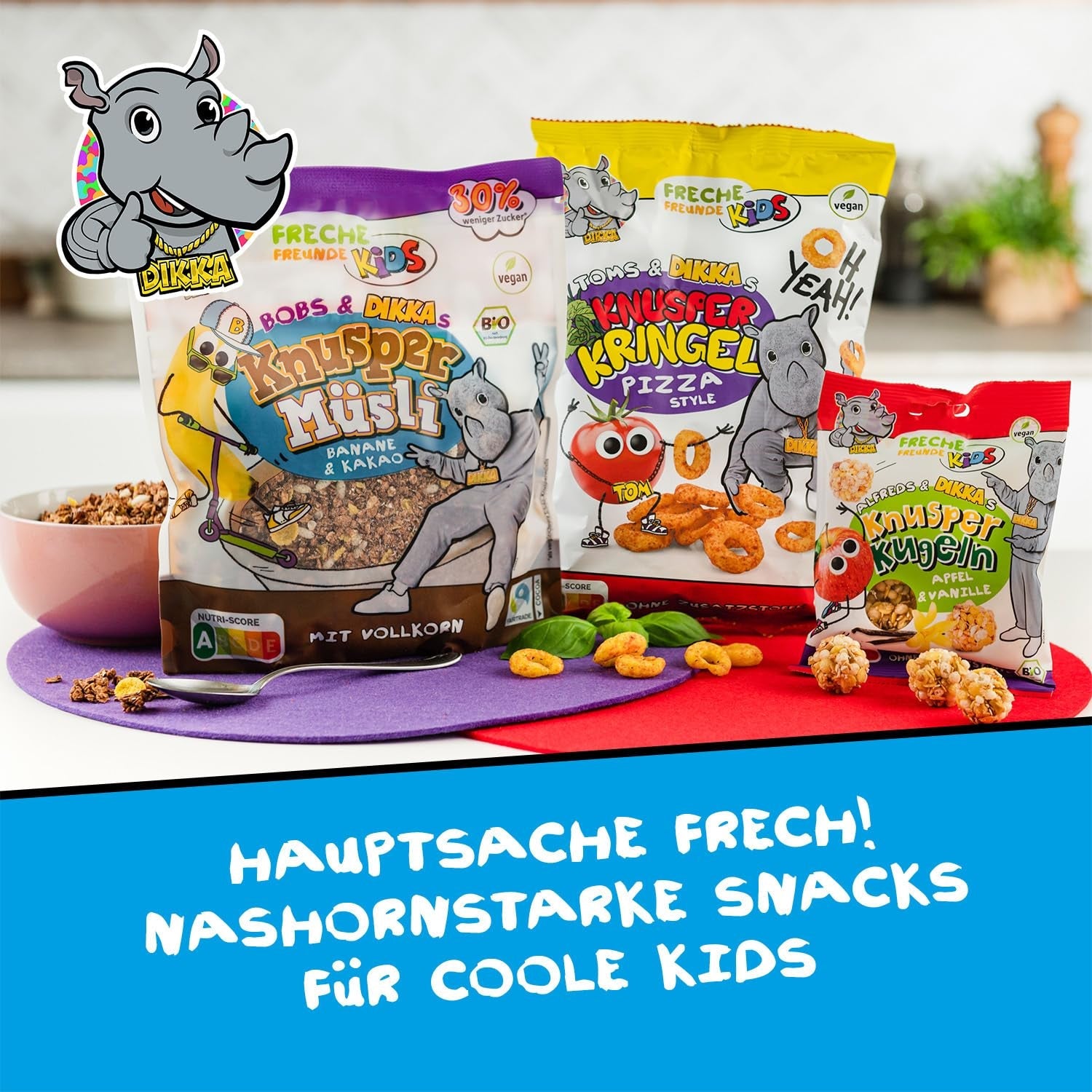 FRECHE FREUNDE KIDS, Bobs & DIKKAS Krokante banaan-cacaomuesli, knapperige chocolademuesli voor kinderen, suikerarm, geen toevoegingen, 100% veganistisch, 6 stuks (6 x 280 g)