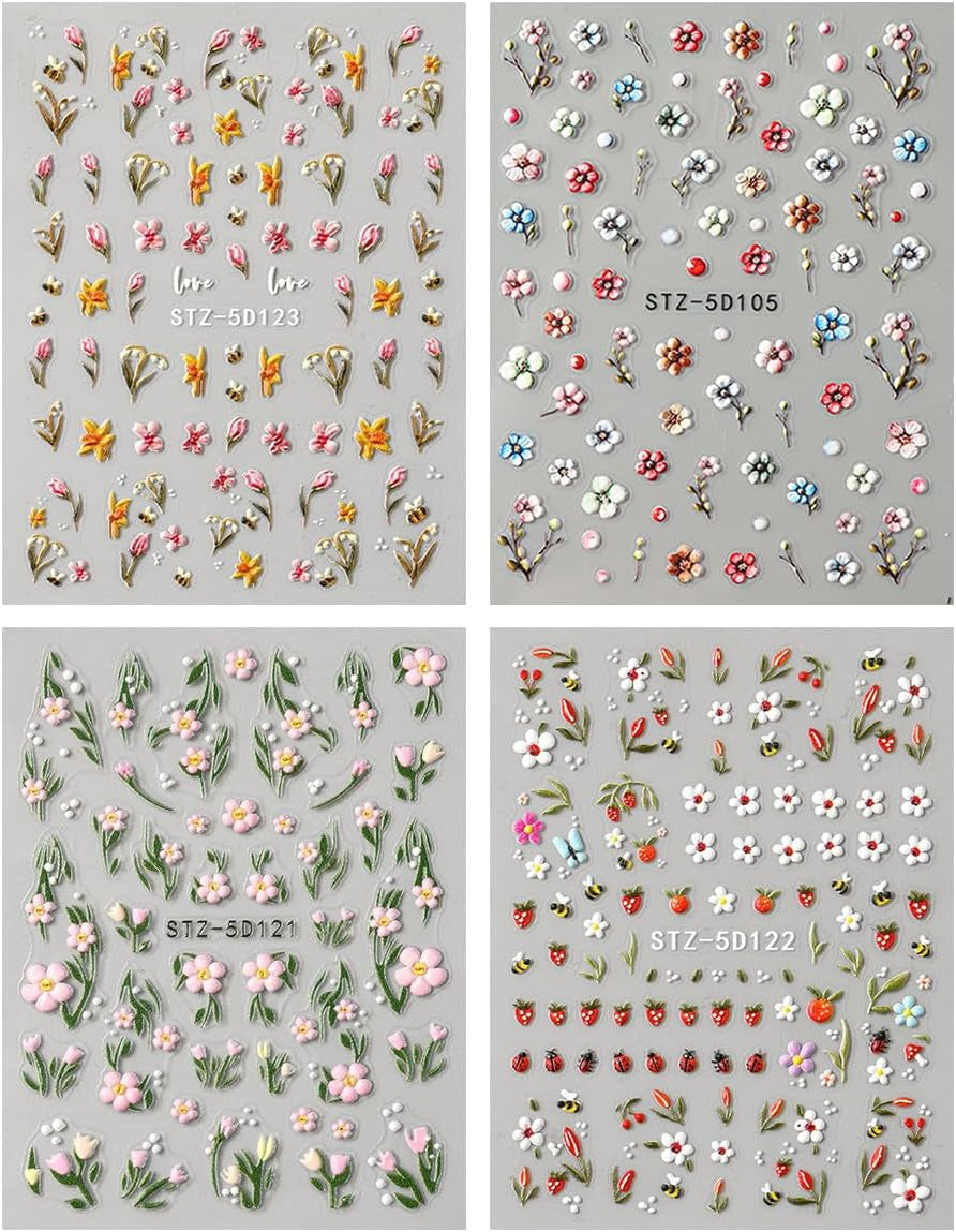 JMEOWIO 3D Nagelsticker Blumen Frucht Nail Art Sticker Selbstklebend Nagelaufkleber 5D Stereoskopische Decoratie Nageldesign Zubehör 4 Blatt