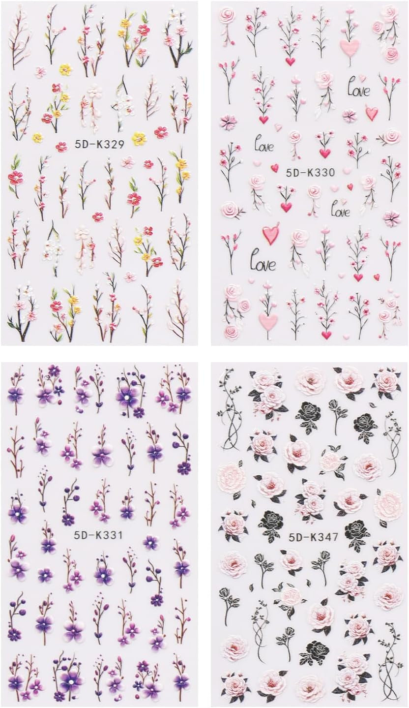 JMEOWIO 3D Nagelsticker Blumen Nail Art Sticker Selbstklebend Nagelaufkleber 5D Stereoskopisch Frühling Zomer Decoratie Nageldesign Zubehör 4 Blatt