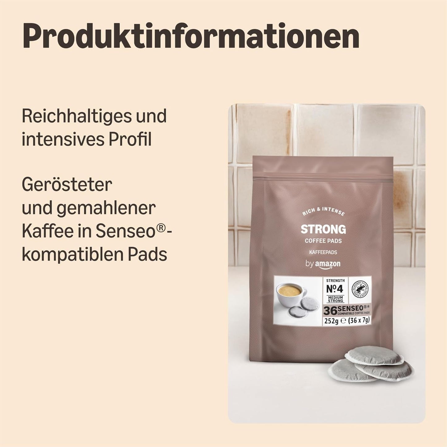 door Amazon Starke Pads, geeignet für Senseo-Maschinen, 36 Stück (1 Packung mit 36 ​​​​Stück) – Rainforest Alliance-zertifiziert