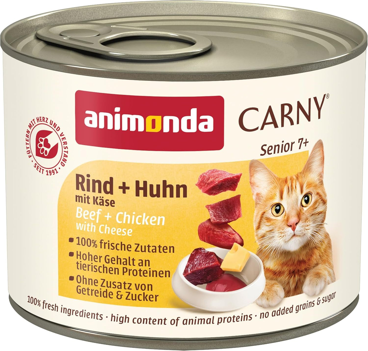 Animonda Carny Senior Natvoer voor katten met rundvlees + kip + kaas (6 x 200 g), graanvrij en suikervrij natvoer voor katten vanaf 7 jaar, met verse en vlezige ingrediënten