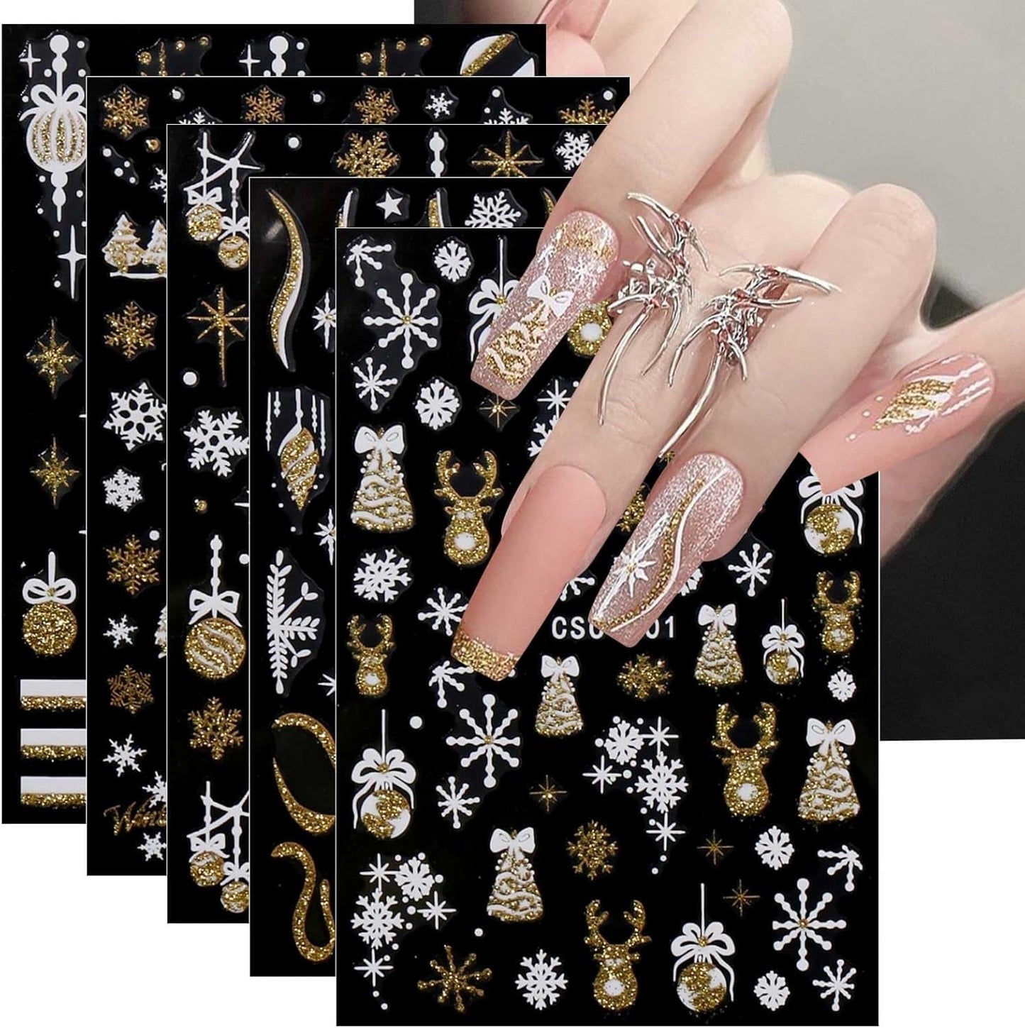JMEOWIO Nagelsticker Weihnachten Gold Glitter Silber 8 Blatt Nail Art Sticker Selbstklebend Nagelaufkleber Schneeflocke Winterurlaub Decoratie Nageldesign Zubehör