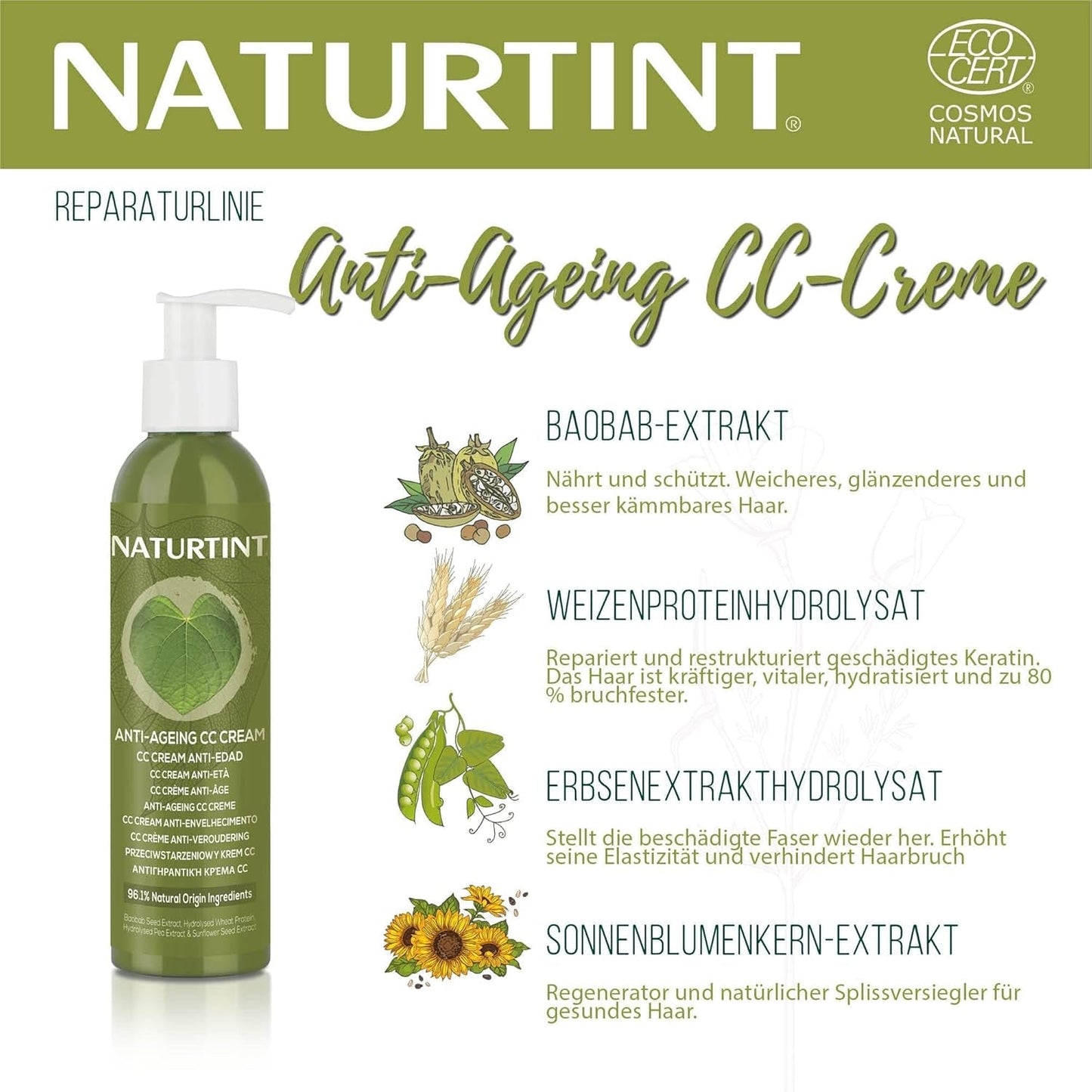 Natuurlijke tint CC-crème. Geen uitspoelbaar haarmasker. Voor droog en beschadigd haar. Herstelt en hydrateert. 96% natuurlijke ingrediënten. 200ml Naty Shop haarmasker
