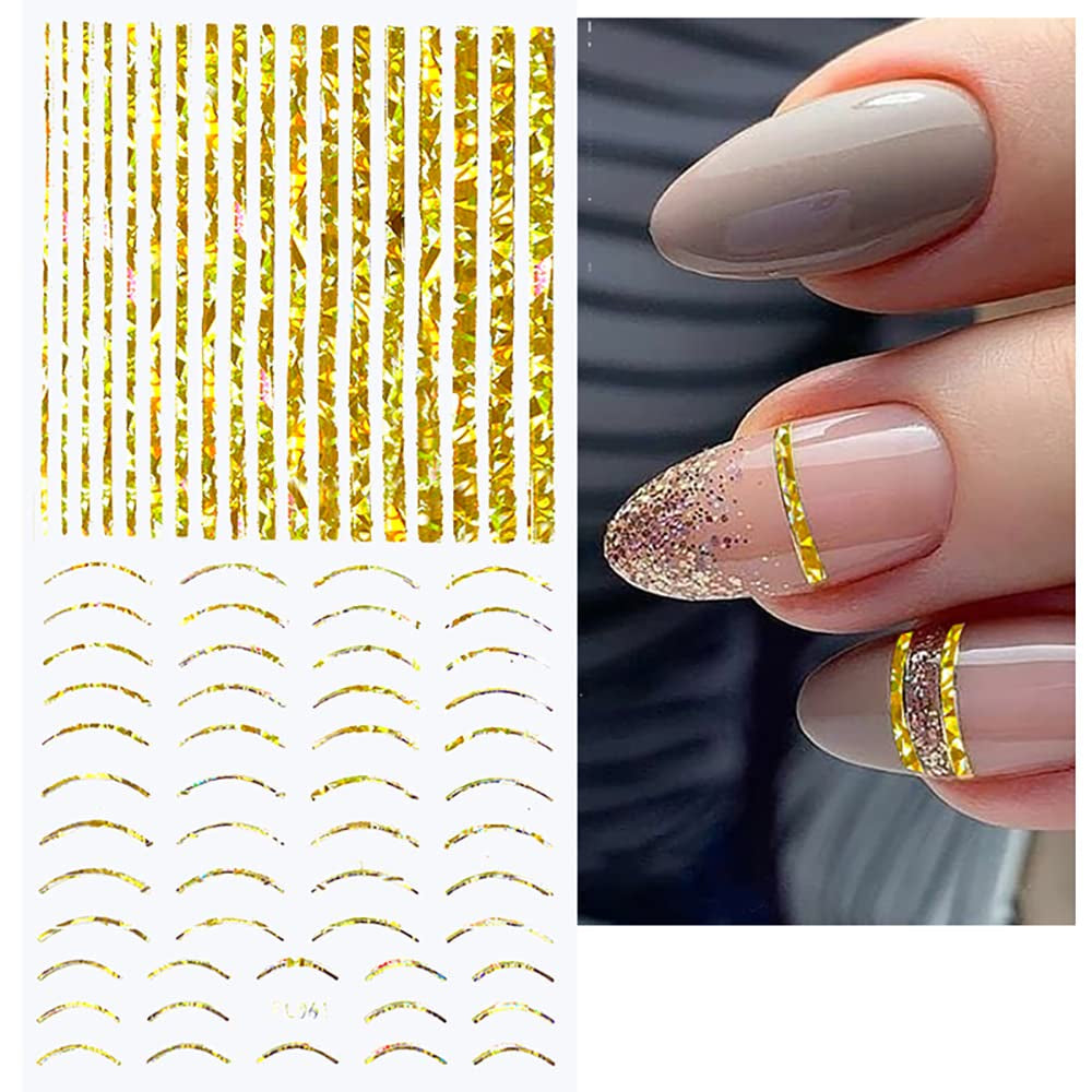 12 vellen Laserglitterlijnen Zelfklevende nagelstickers Holografische stickers Bronzen strepen Nagelstickers Franse lijn Gebogen strikken Golvende lijnen Nagelstickers Nagelkunstaccessoires