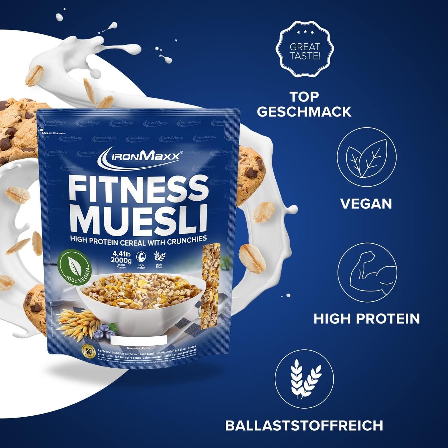 IronMaxx Fitness Muesli - Koekjes & Crème, zak van 2 kg | Eiwitrijke vegan muesli met knapperige inhoud | Laag in suiker en hoog in vezels