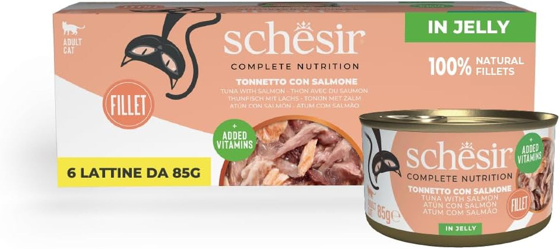 Zalmtonijn in gelei, compleet natvoer voor katten, ingeblikt, met toegevoegde vitaminen, 100% natuurlijk, 6 x 85 g