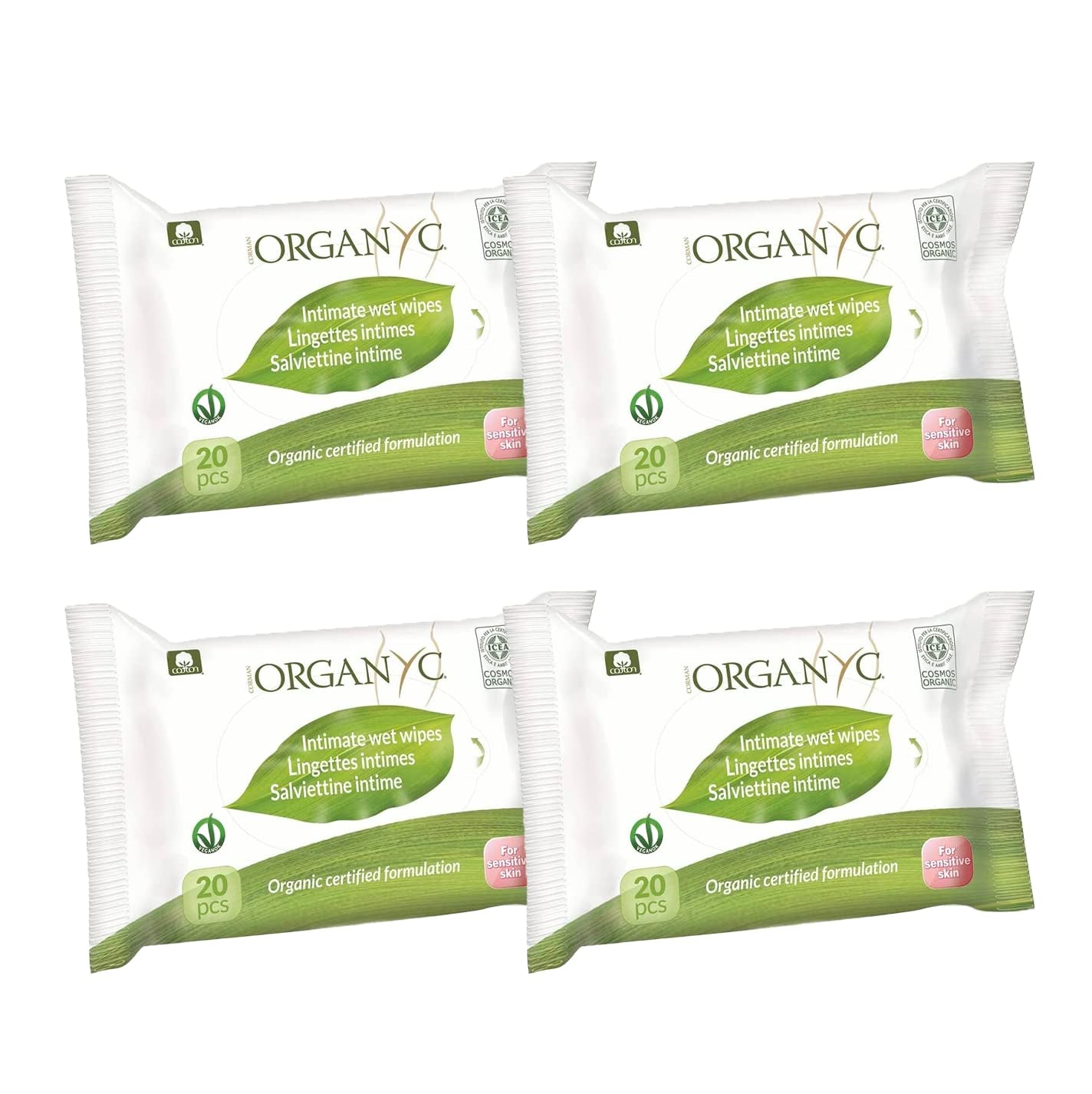 Organyc vochtige intieme doekjes, gemaakt van 100% gecertificeerd biologisch katoen - 4 verpakkingen van 20 doekjes (totaal 80 doekjes)