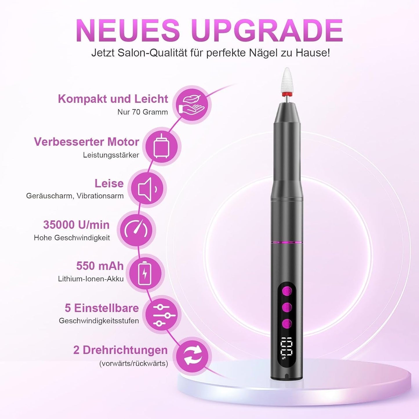 Draadloze elektrische nagelvijl - 35000 RPM voor gelnagels, 12 in 1 professionele nagel- en acrylnagelvijl, manicure- en pedicureset met 5 snelheden
