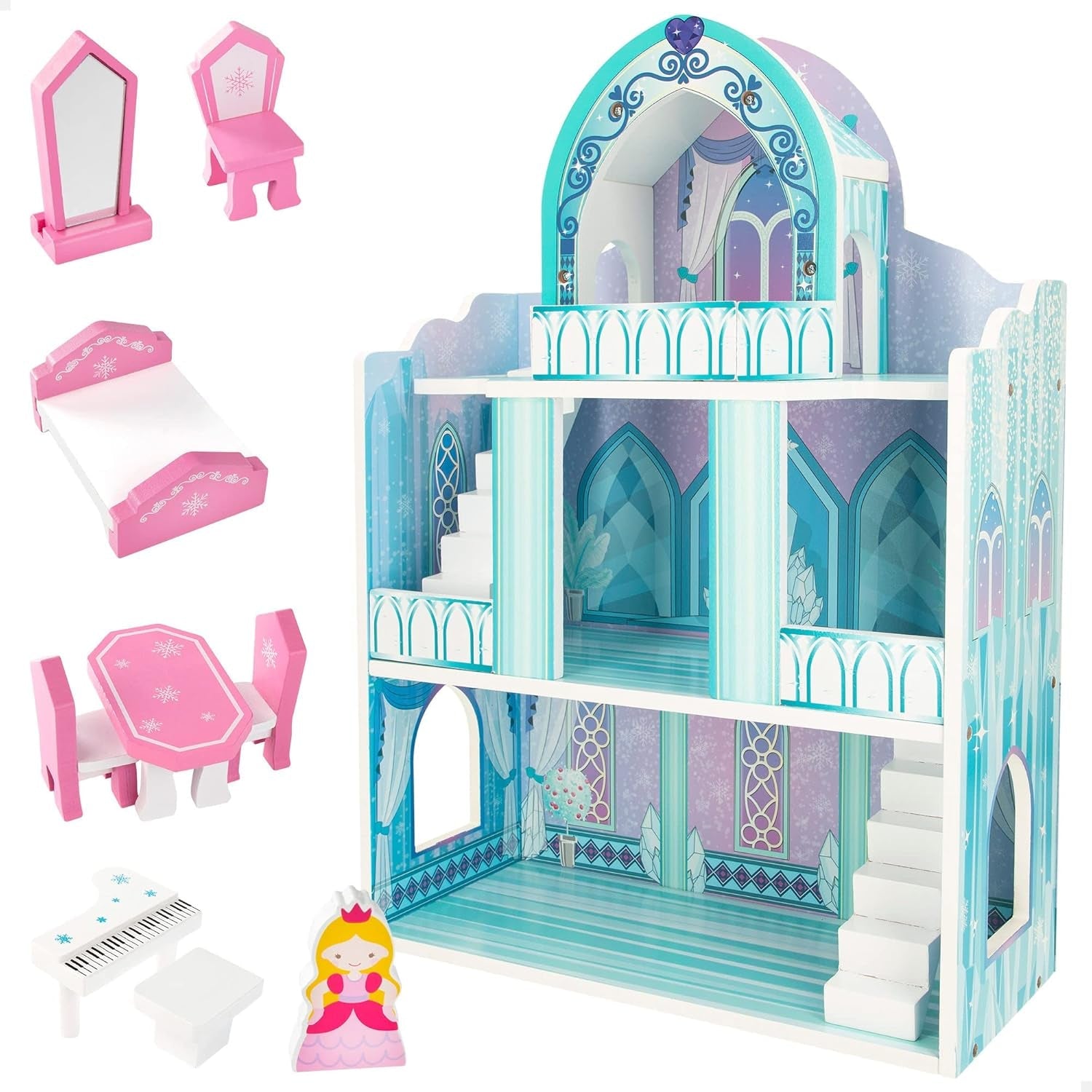 Houten poppenhuis, houten prinsessenkastelen, poppenhuizen, 3 verdiepingen, prinsessenkastelen, 9 houten stukken, 37x15x53,5cm, houten speelgoed, vanaf 3 jaar